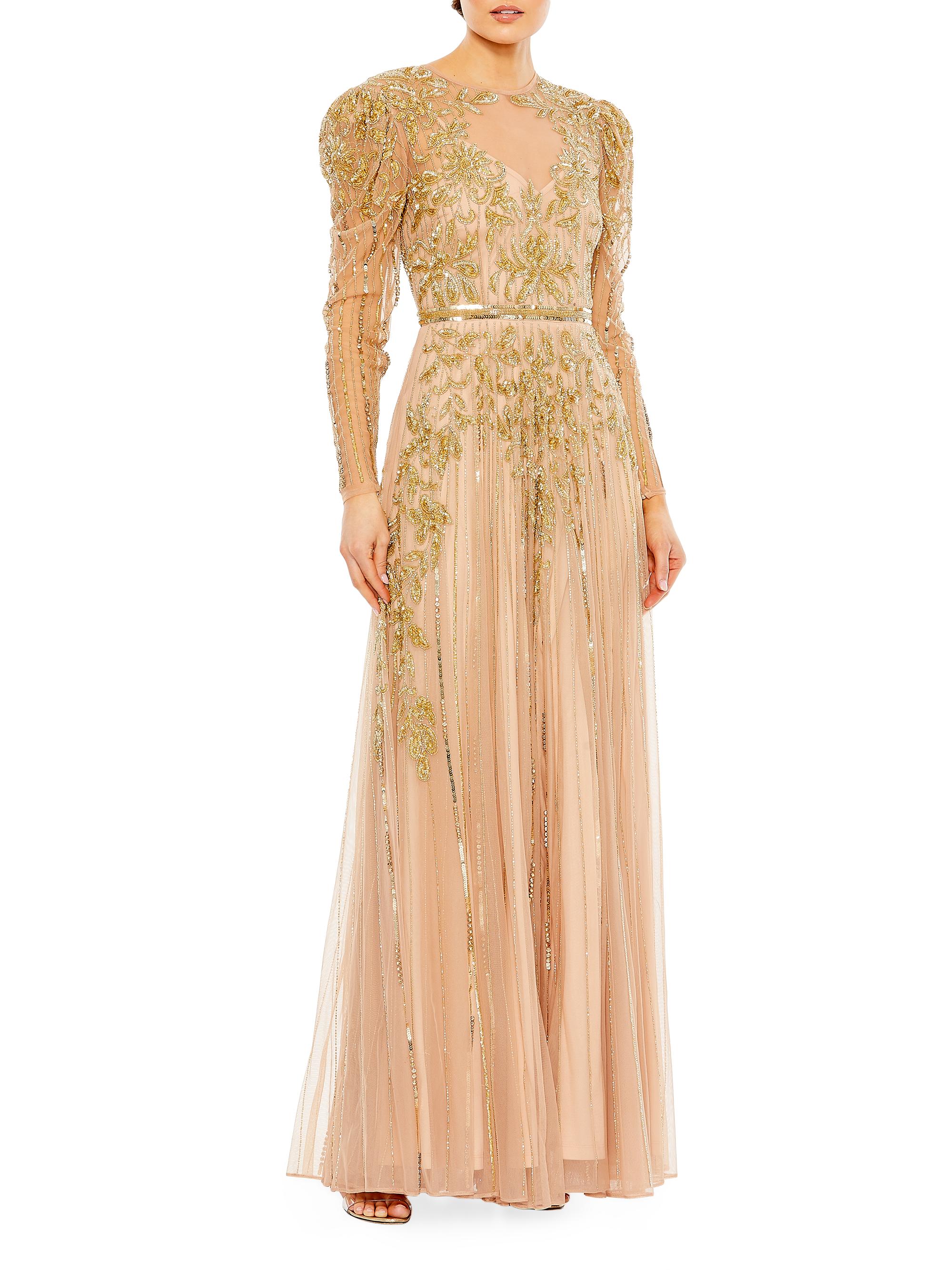 Mac Duggal Women's Beaded Illusion Puff-Sleeve Gown - Gold