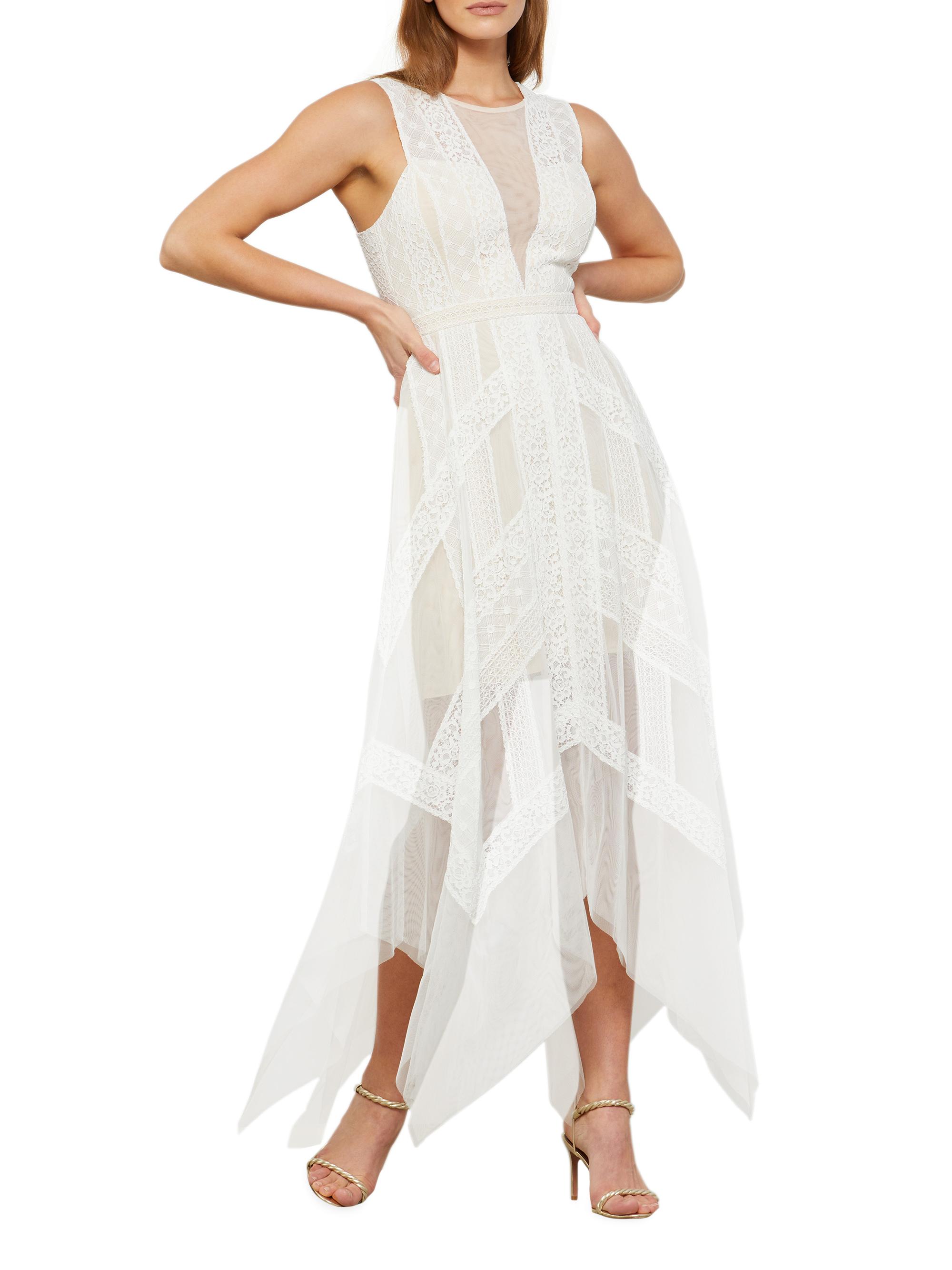 BCBGMAXAZRIA Andi Asymmetric Lace & Tulle Maxi Dress | Saks Fifth