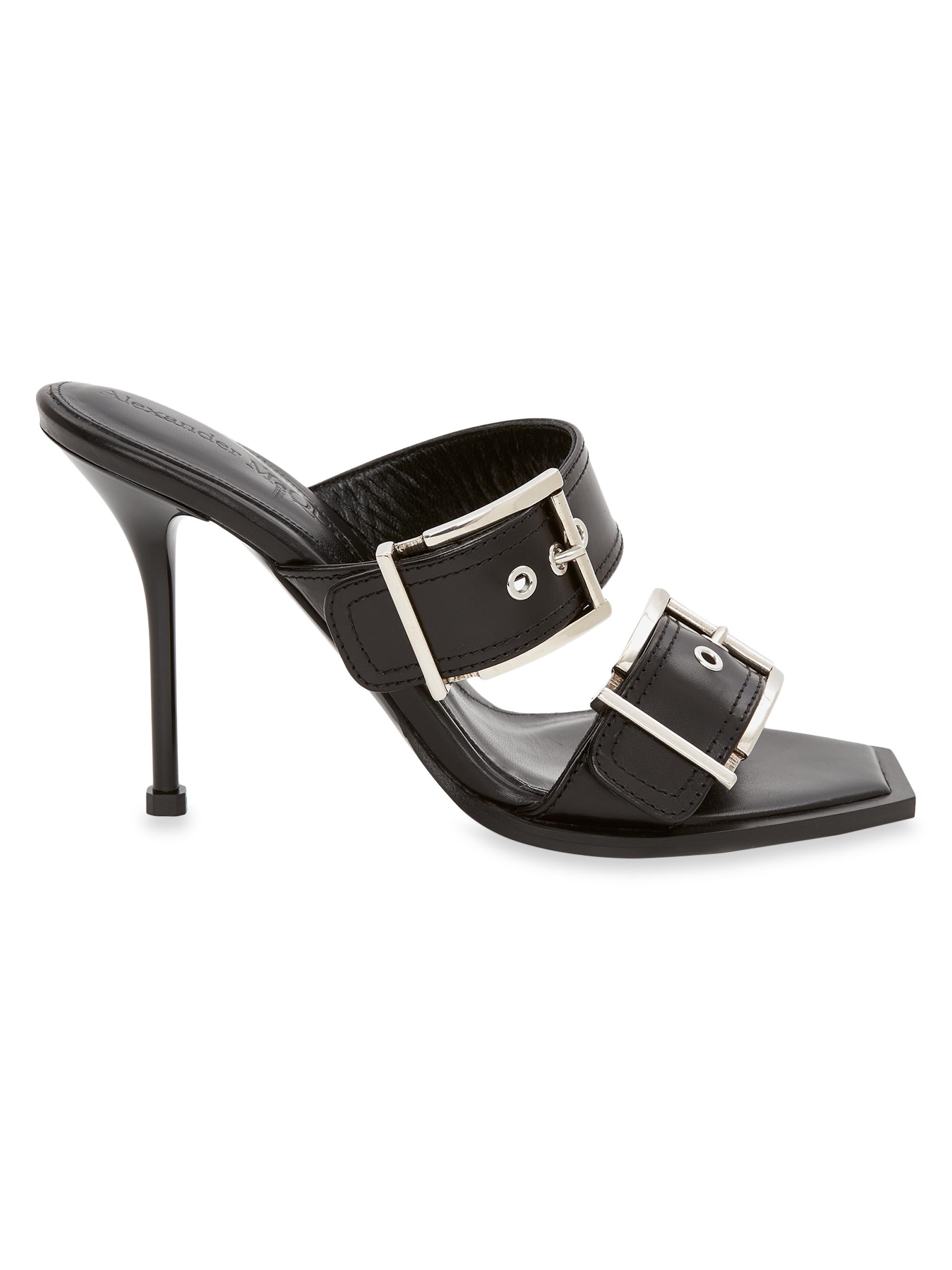 McQueen Women's Buckle Leather Mules - Black