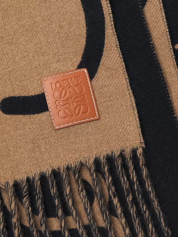 LOEWE Fringed leather-trimmed printed wool-blend scarf