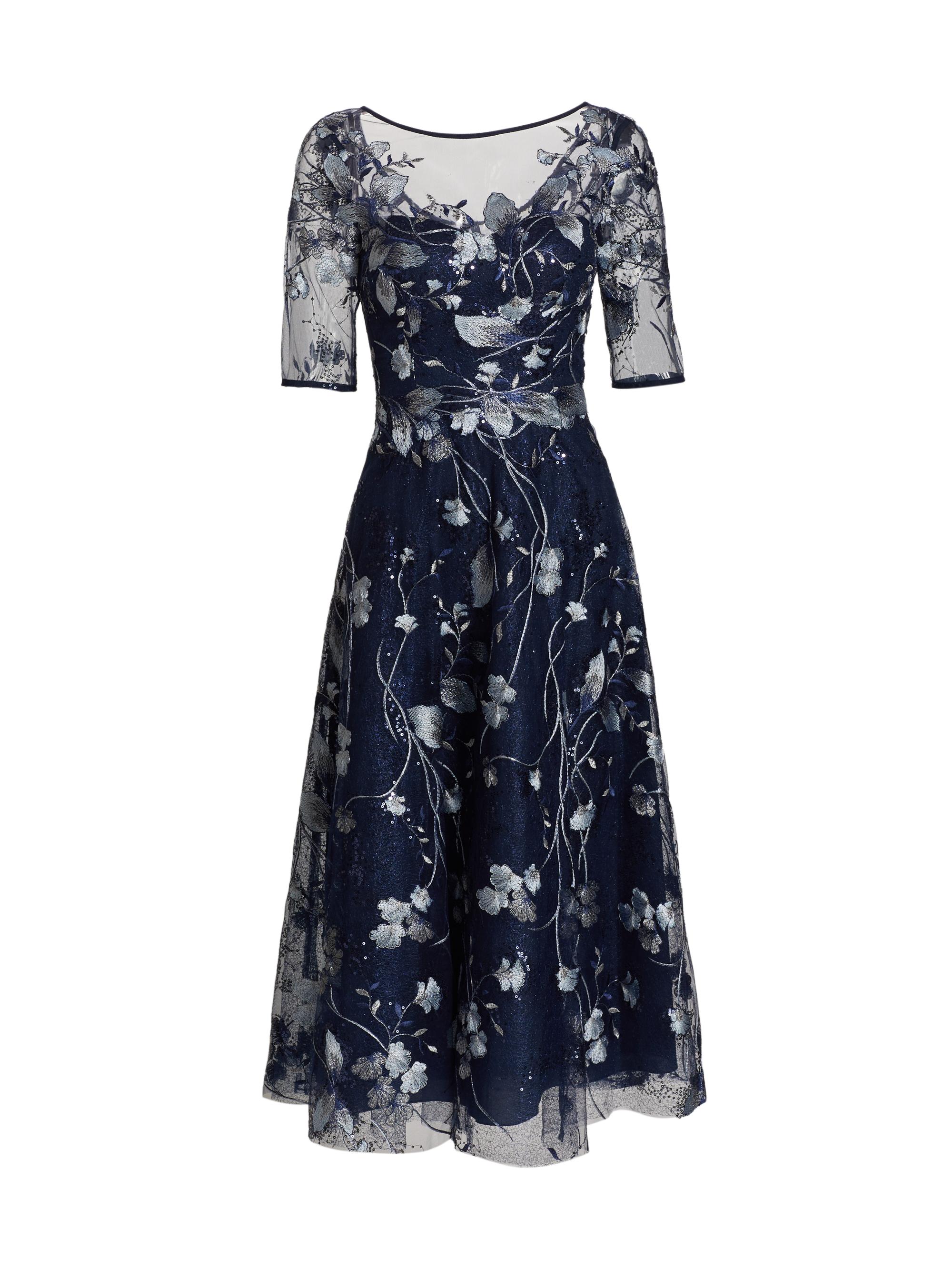 Teri Jon by Rickie Freeman Women's Embroidered Tulle Tea Dress - Navy Multi