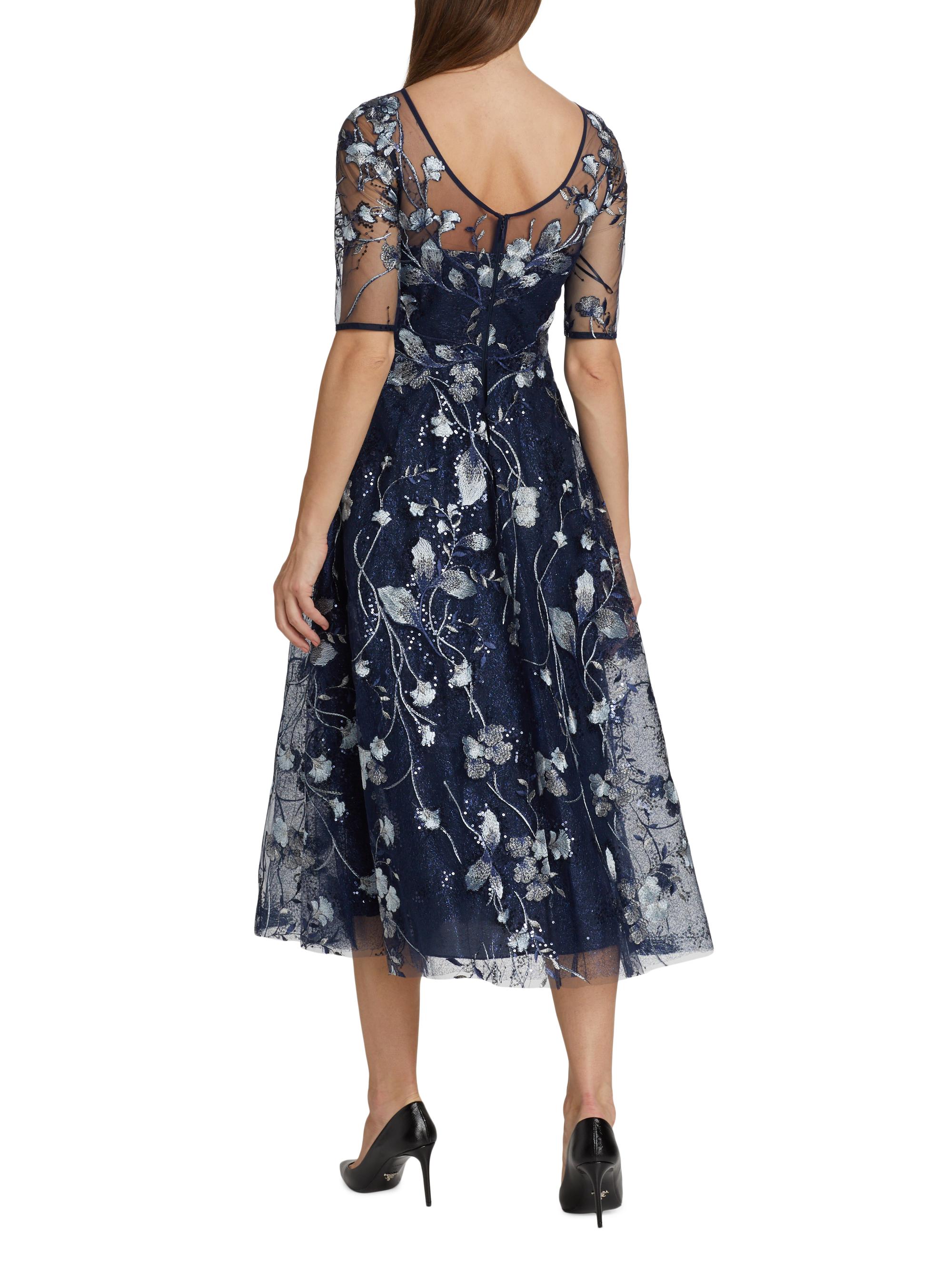 Rickie Freeman For Teri Jon Embroidered Tulle Tea Dress - Navy Multi