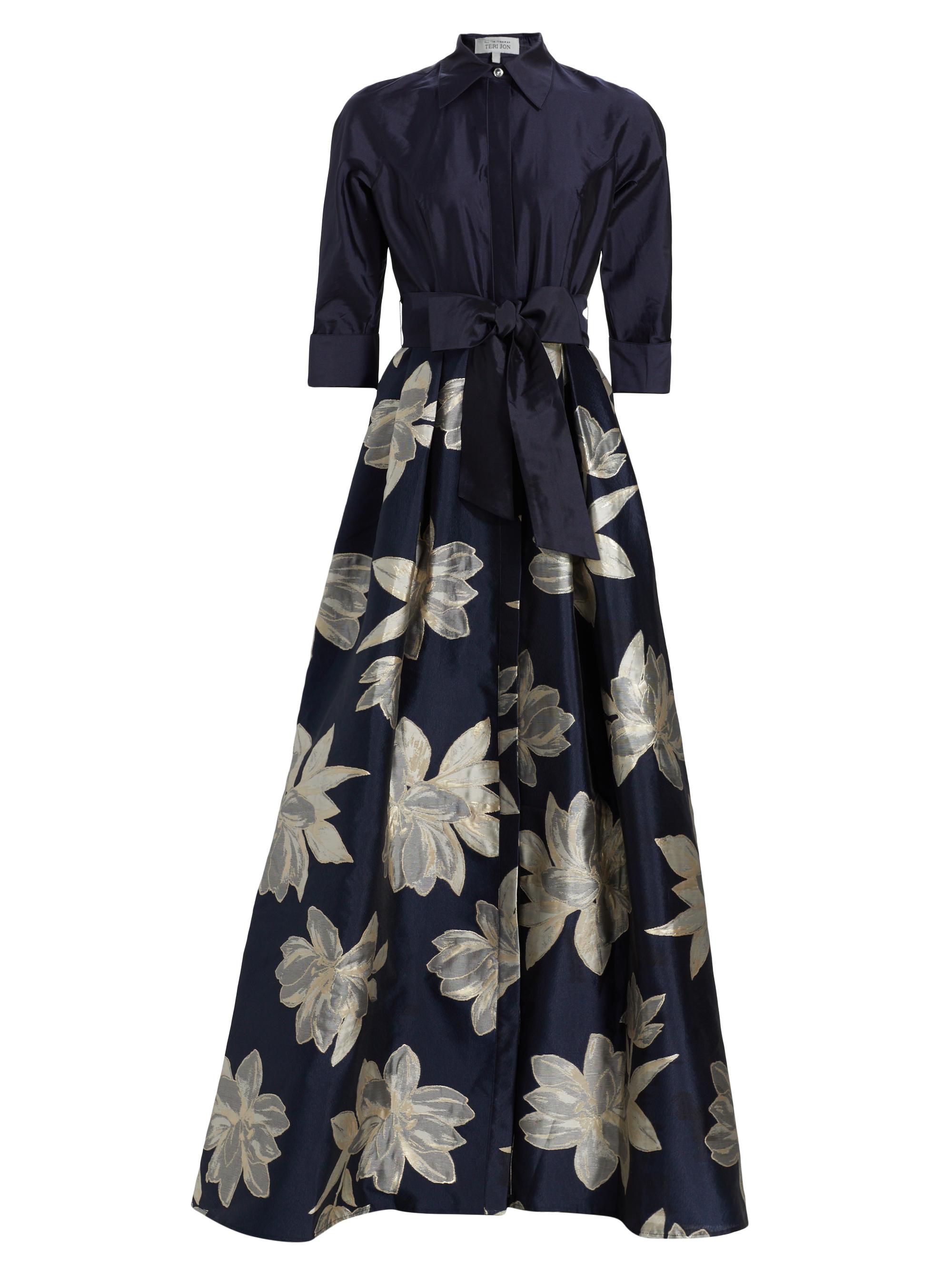 Teri Jon by Rickie Freeman Women's Shirtwaist Floral Jacquard Gown - Navy Multi