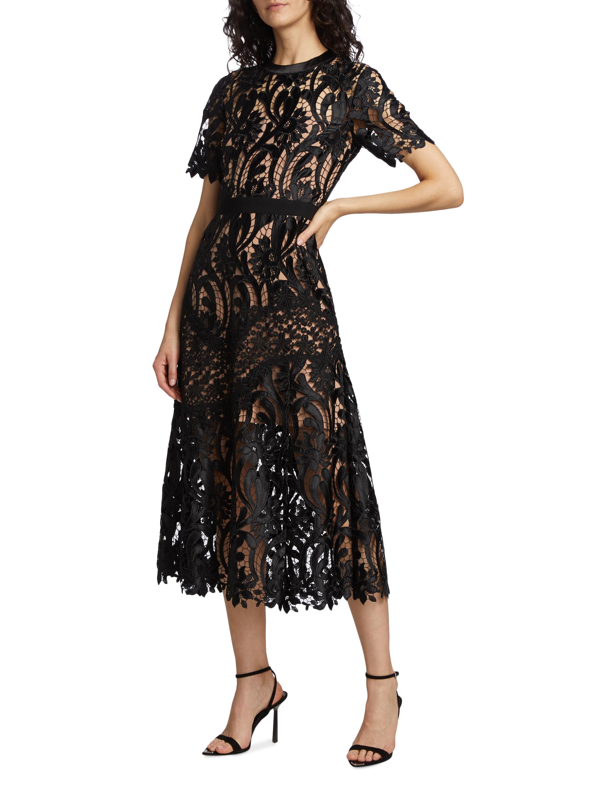 knee length dresses for ladies Black Flowered Lace Midi Skirt