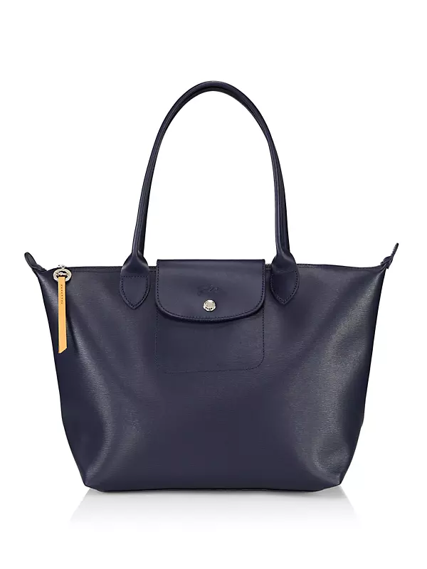 NEW Longchamp Le Pliage Cuir Medium Leather Top Handle Bag -  Navy/Blue/Yellow