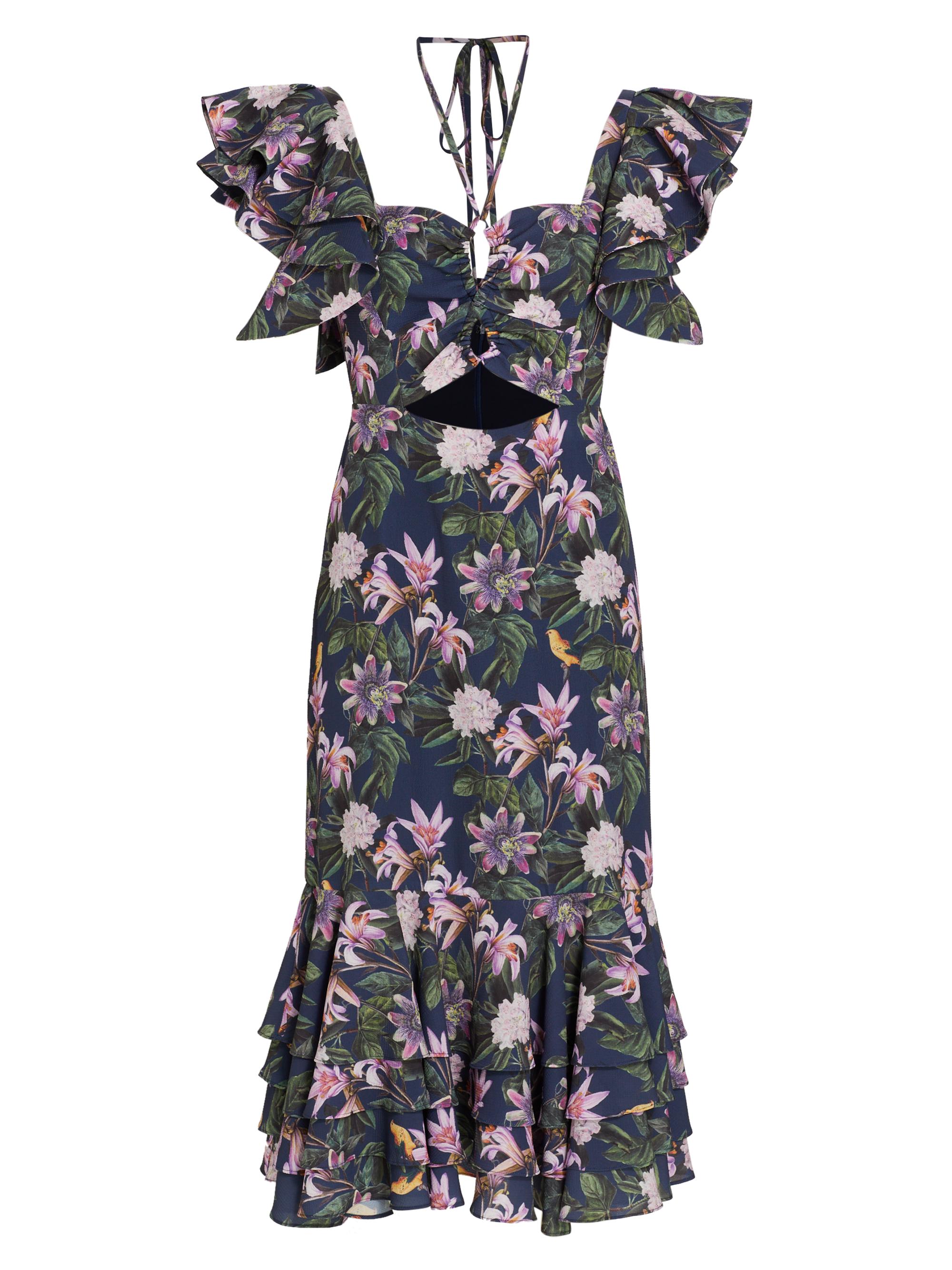 No Pise La Grama Women's Chocolate Floral-Print Ruffled Midi-Dress - Passi Flora Navy Print