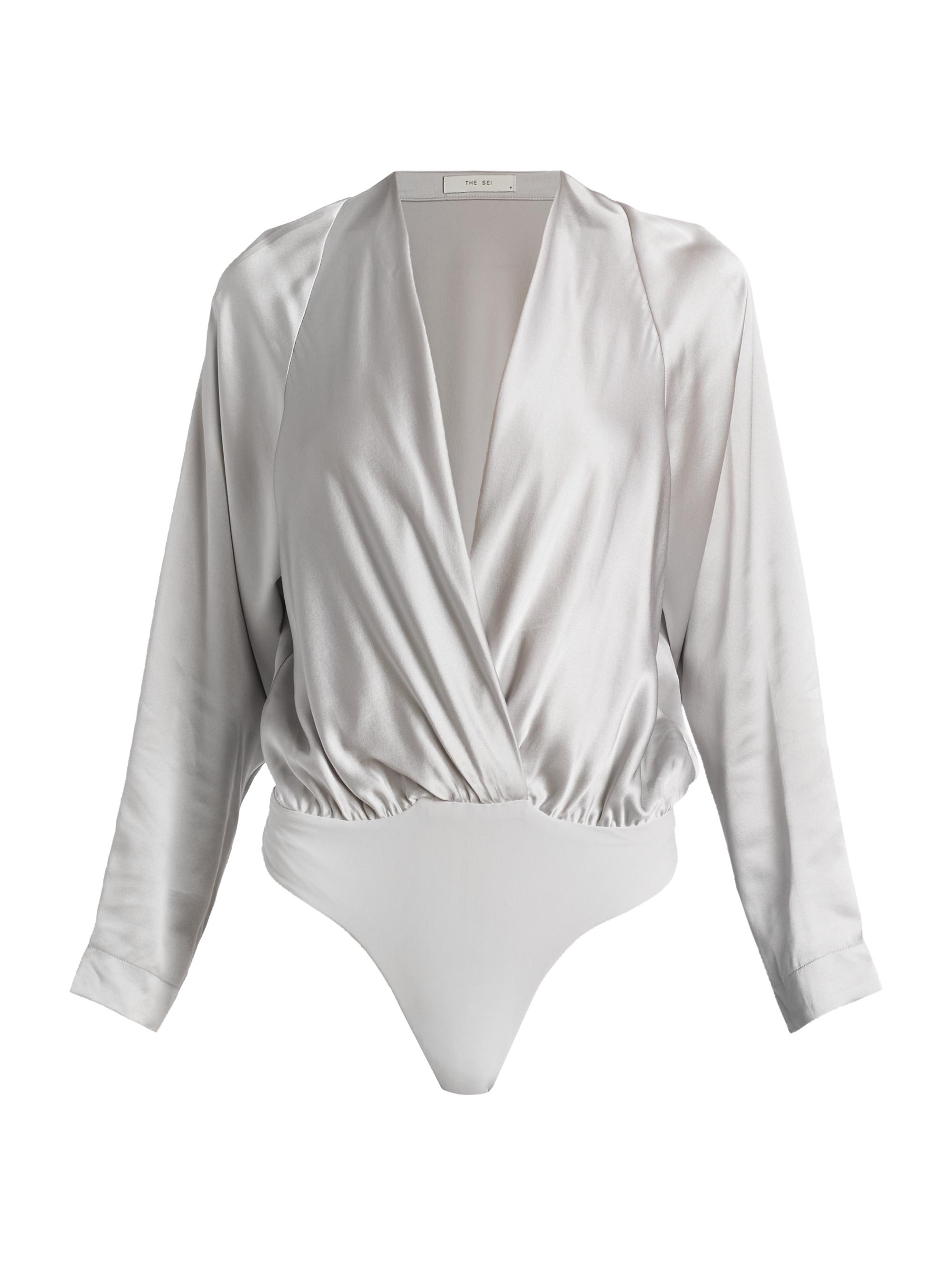 The Sei Women's Raglan-Sleeve Silk Wrap Bodysuit - Platinum