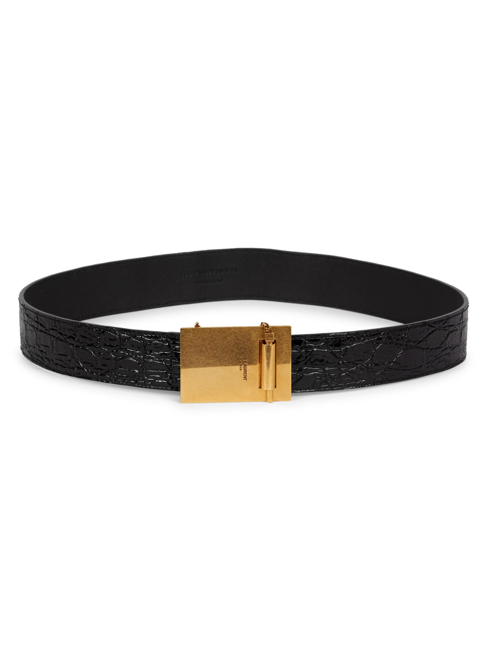 Saint Laurent Women's Chaine Et Baton Croc-Embossed Leather Buckle Belt - Nero