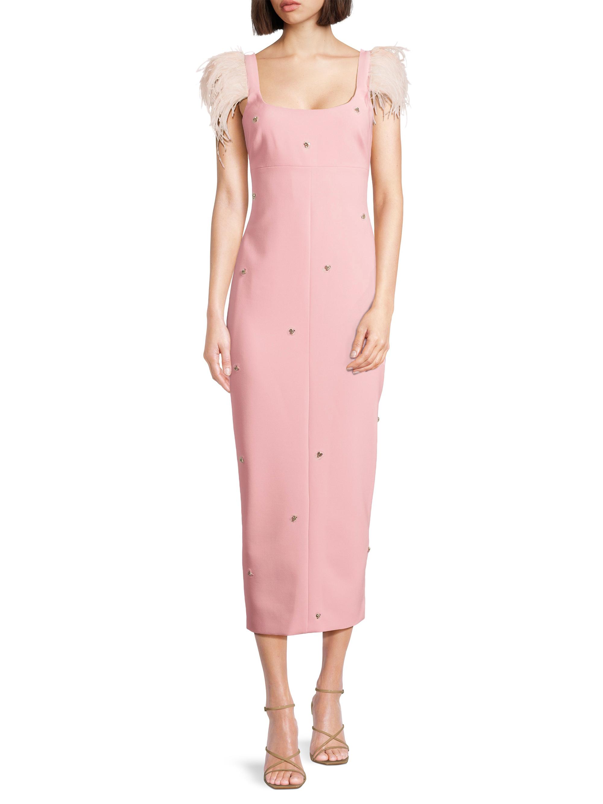 knee length dresses for ladies Self-Portrait - Champagne Rhinestone Feather Midi Dress