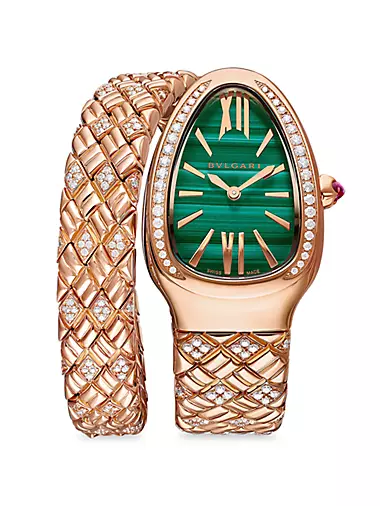Serpenti Spiga 18K Rose Gold, Malachite, & Diamond Single-Twist Bracelet Watch