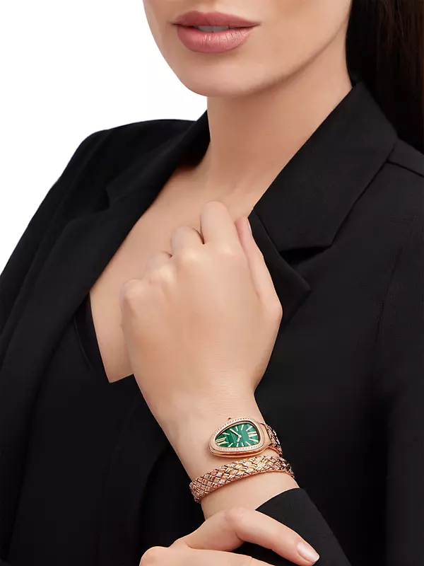 Serpenti Spiga 18K Rose Gold, Malachite, & Diamond Single-Twist Bracelet Watch