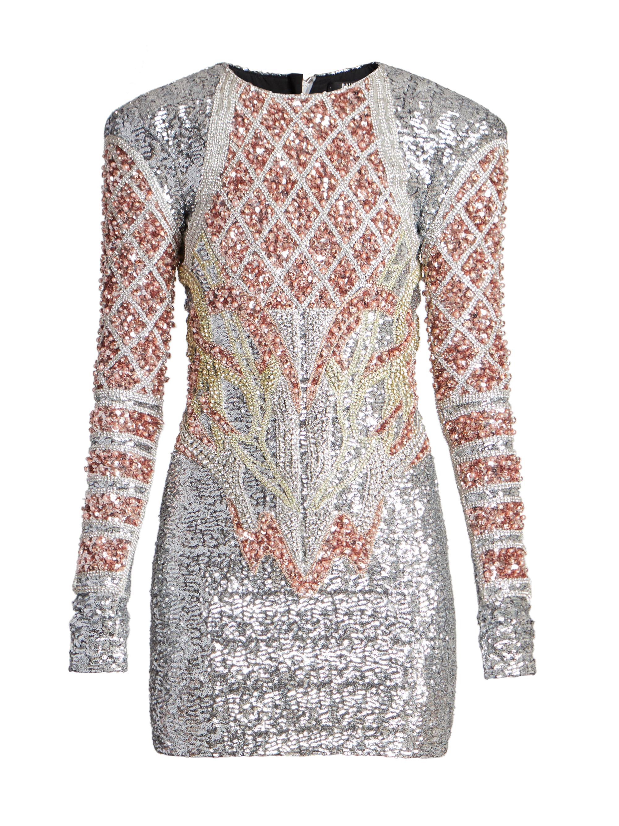 Balmain Women's Long-Sleeve Bead-Embroidered Minidress - Silver Copper