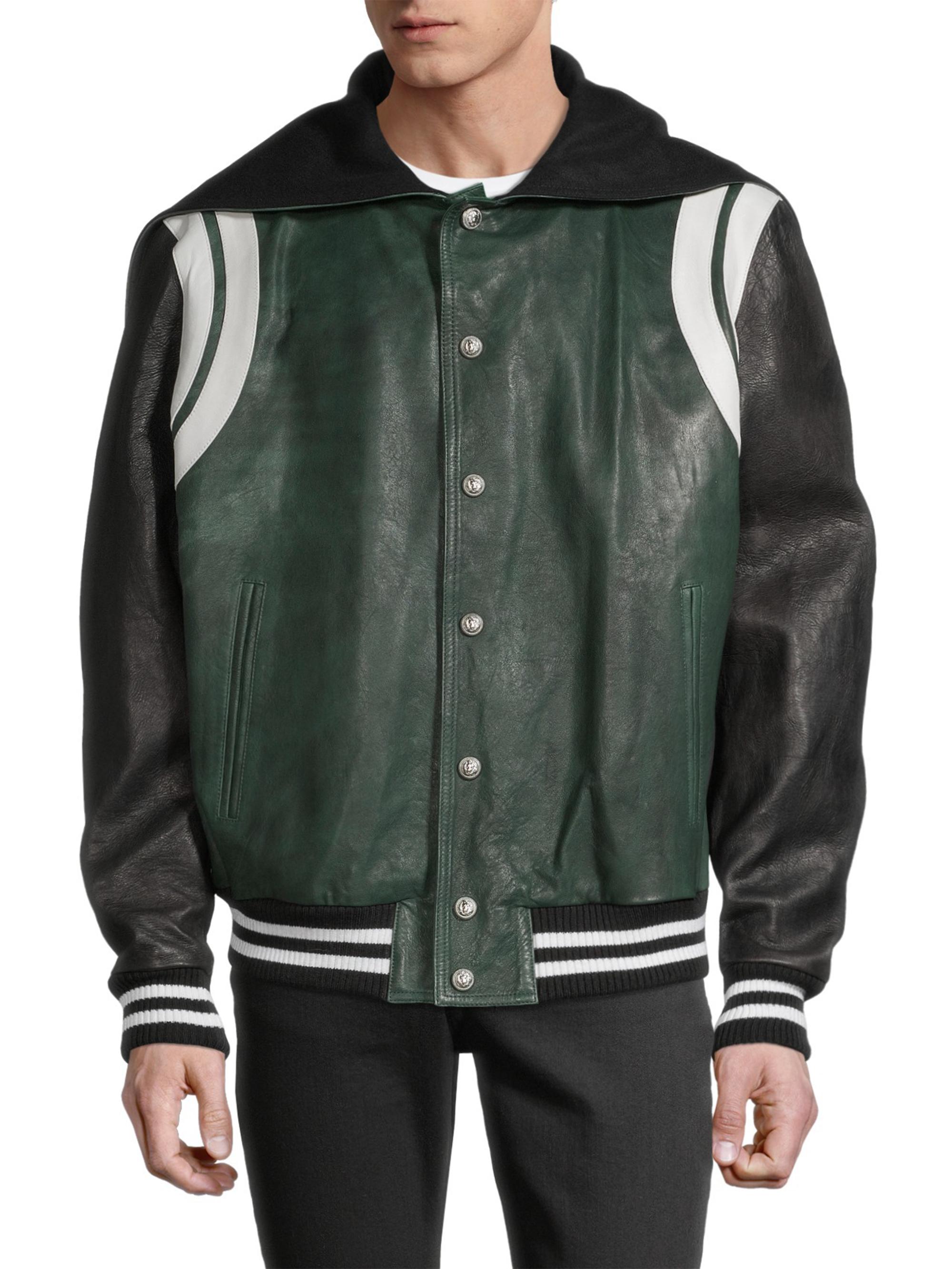 Balmain Leather Hooded Varsity Jacket | Saks Fifth Avenue