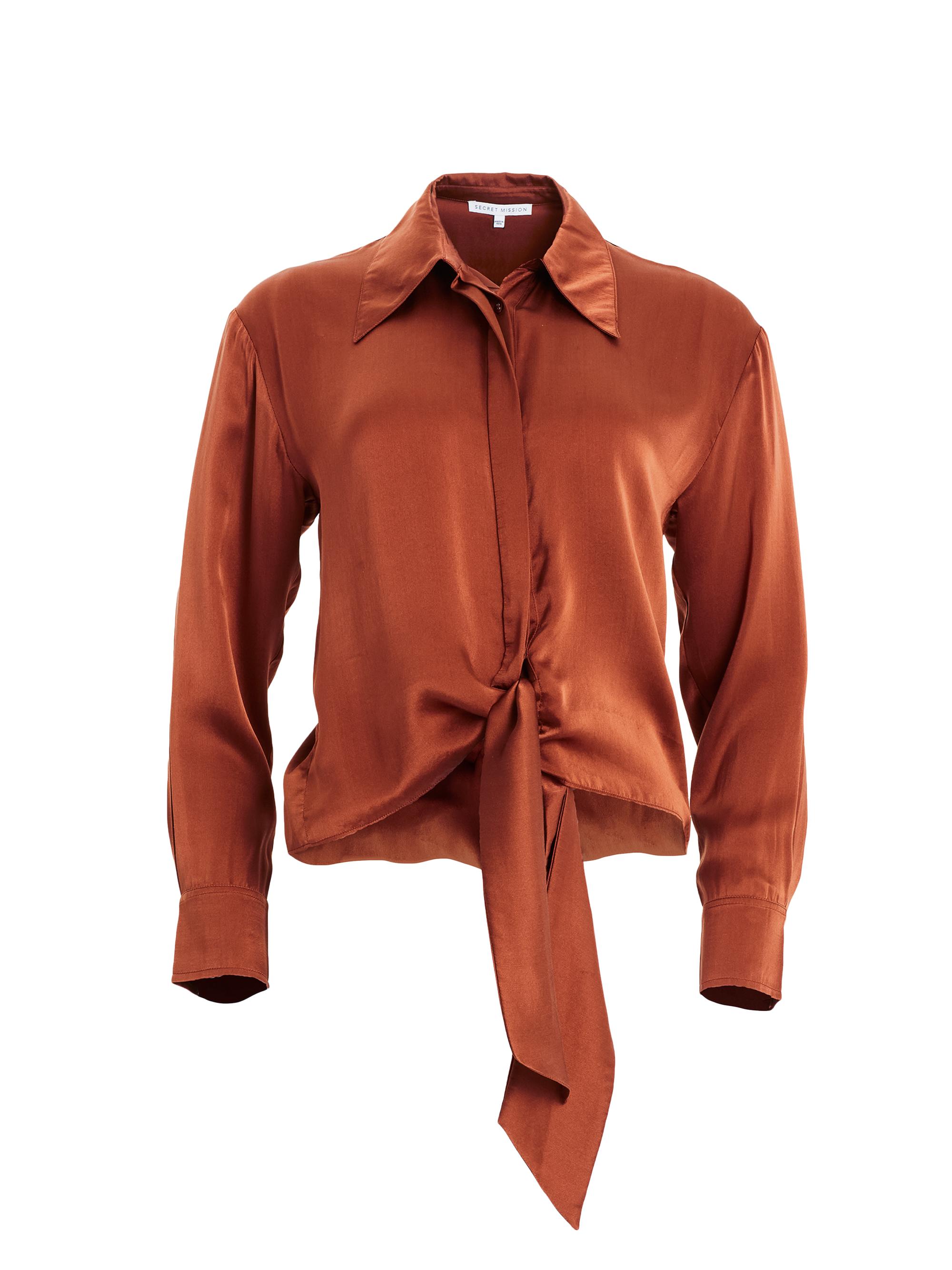 Secret Mission Women's Gem Silk Button-Down Tie Blouse - Terracotta