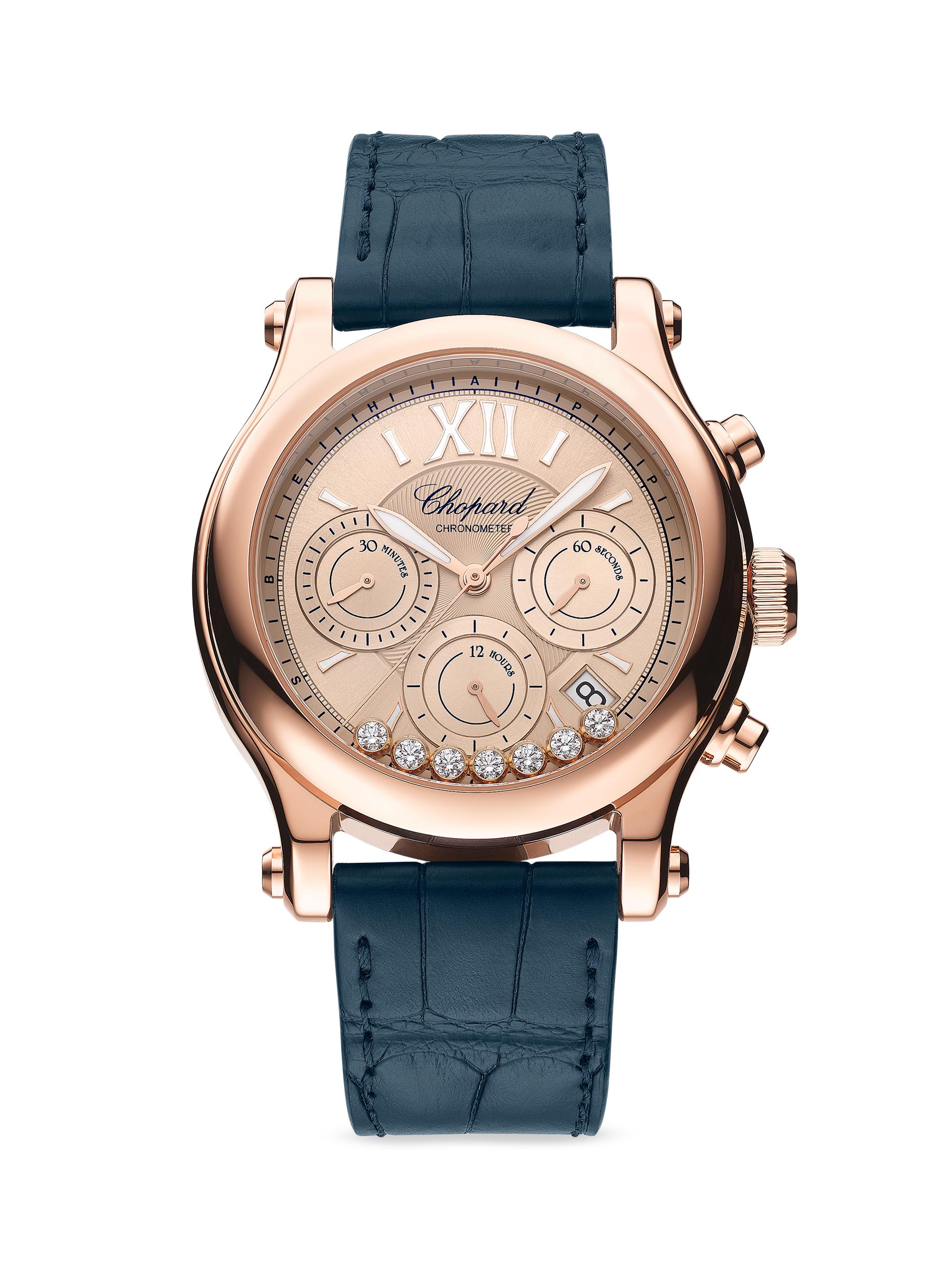 Chopard Women's Happy Sport 18K Rose Gold, Diamond, & Alligator Leather Chronograph Watch - Blue