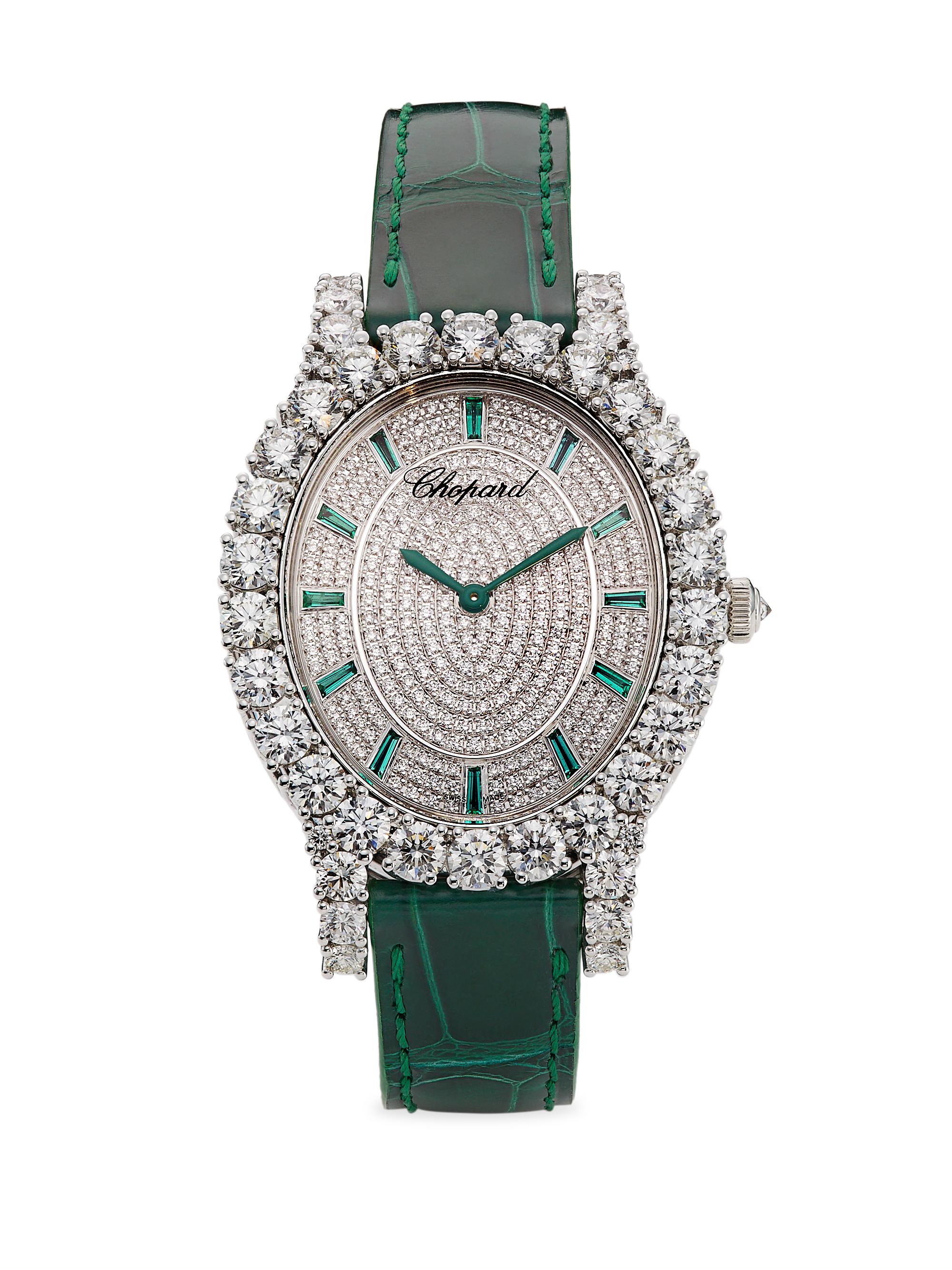Chopard Women's LHeure Du Diamant 18K White Gold, 7.13 TCW Diamond, Emerald & Alligator Leather Strap Watch - Emerald