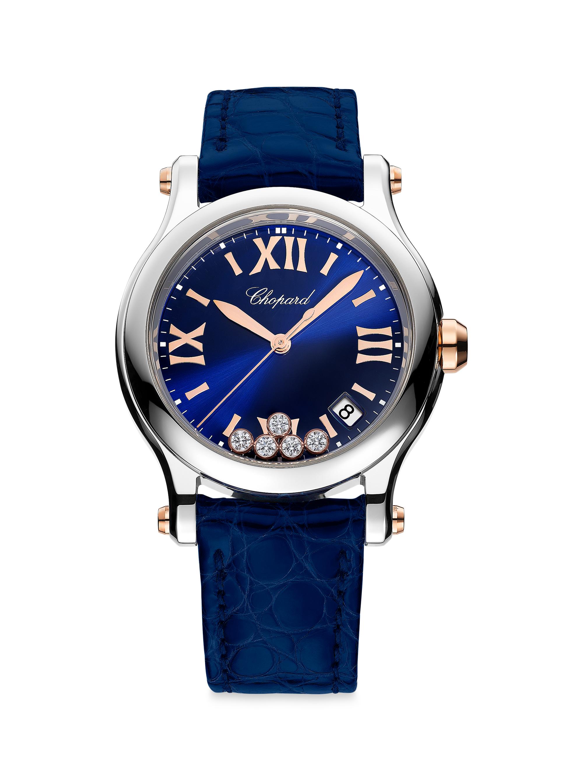 Chopard Women's Happy Sport Stainless Steel, 18K Rose Gold, Diamond, & Alligator Leather Strap Watch - Blue