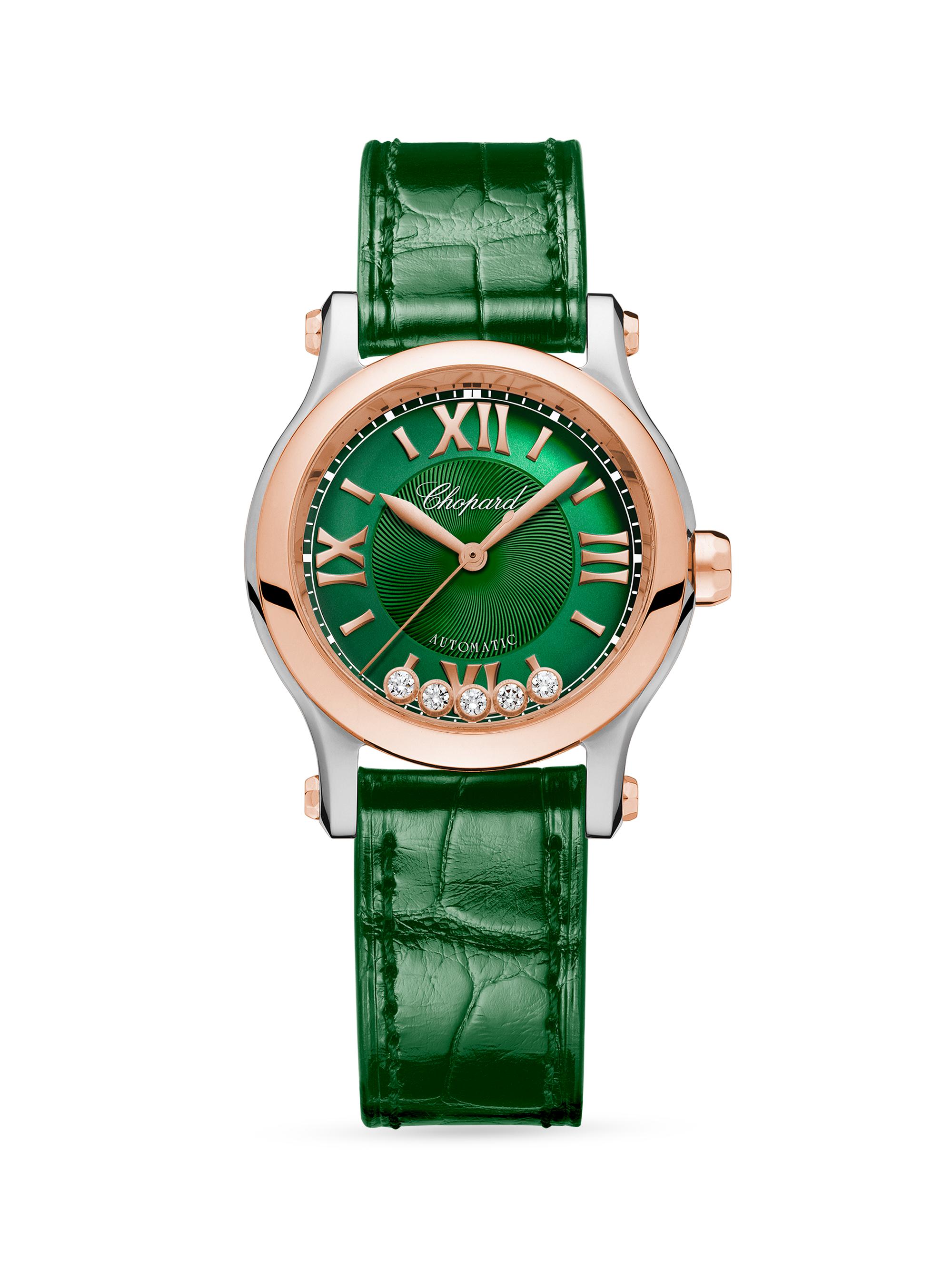 Chopard Women's Happy Sport 18K Rose Gold, Stainless Steel, Diamond, & Alligator Leather Strap Watch - Green