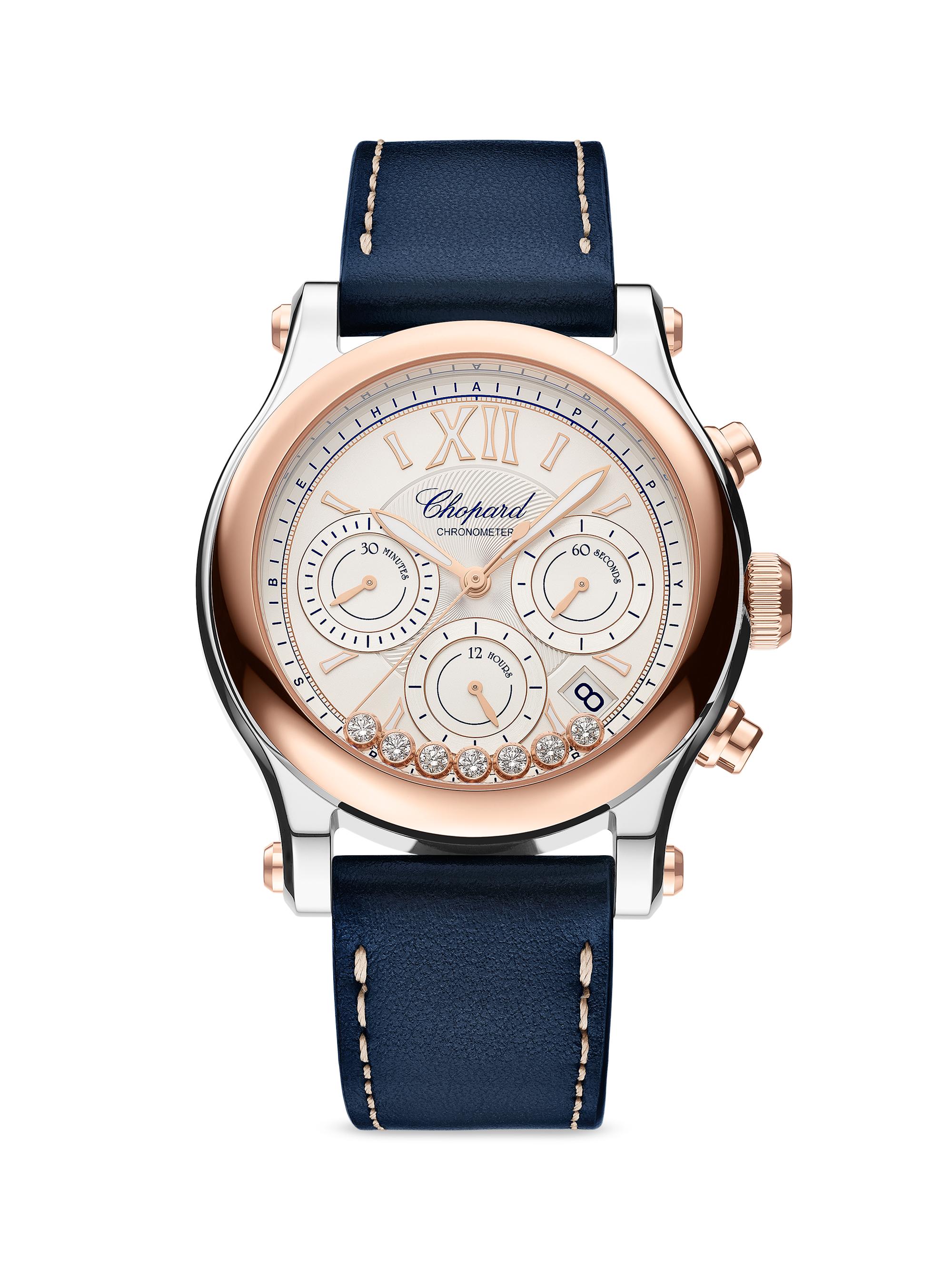 Chopard Women's Happy Sport Stainless Steel, 18K Rose Gold, Diamond, & Leather Chronograph Watch - Blue