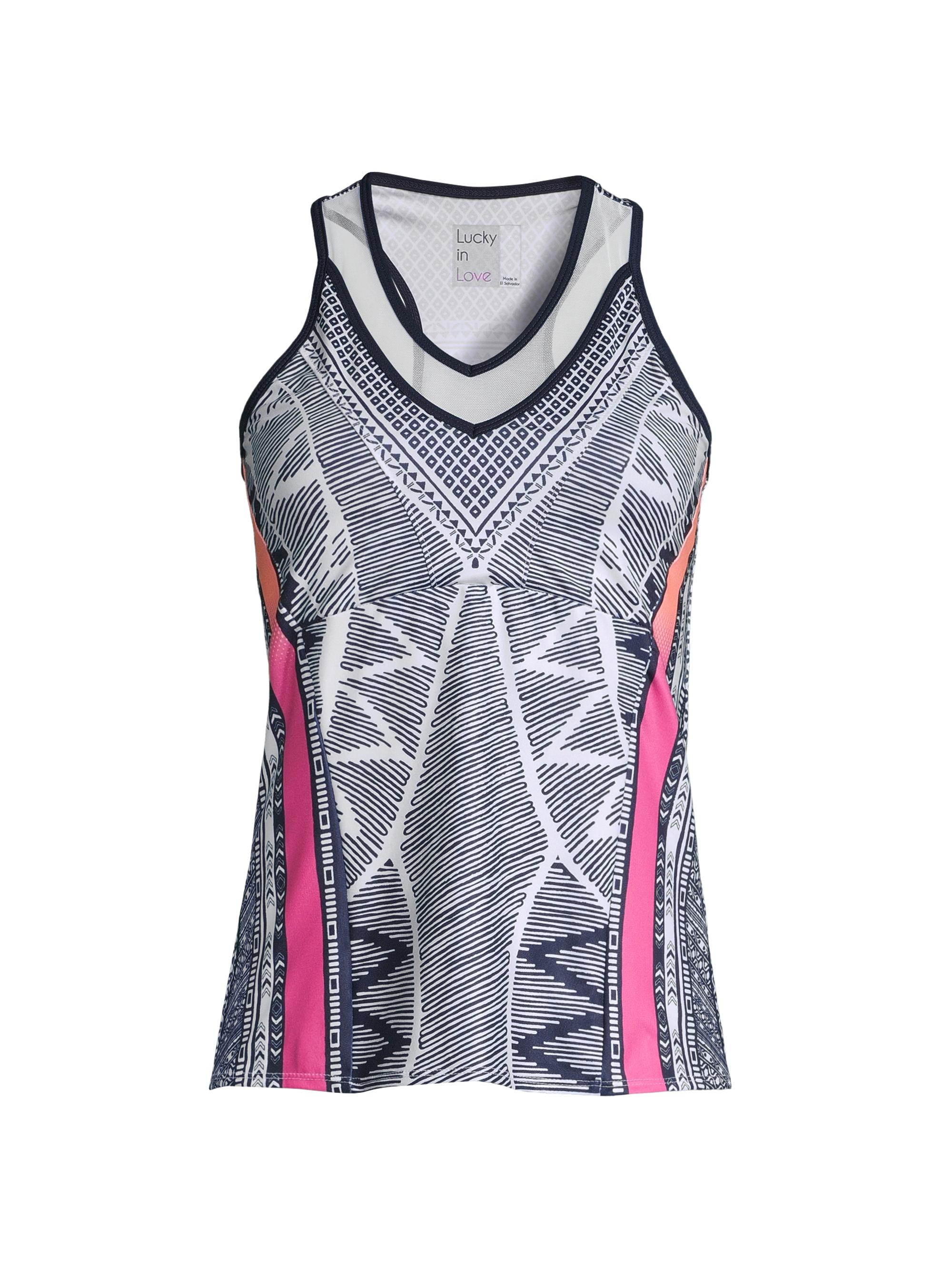 Lucky in Love Women's Santa Fe Glow Printed Jersey Tennis Tank - Navy Multi