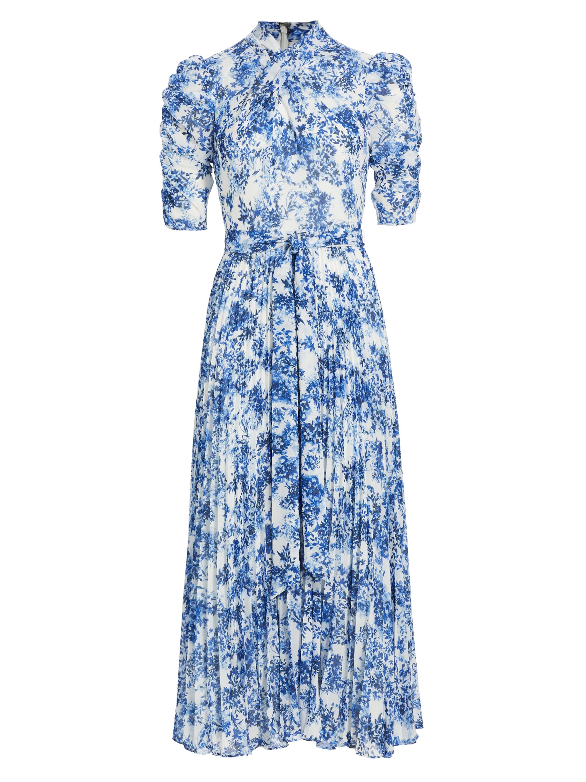 ML Monique Lhuillier Women's Pleated Short-Sleeve Midi-Dress - Navy Porcelain