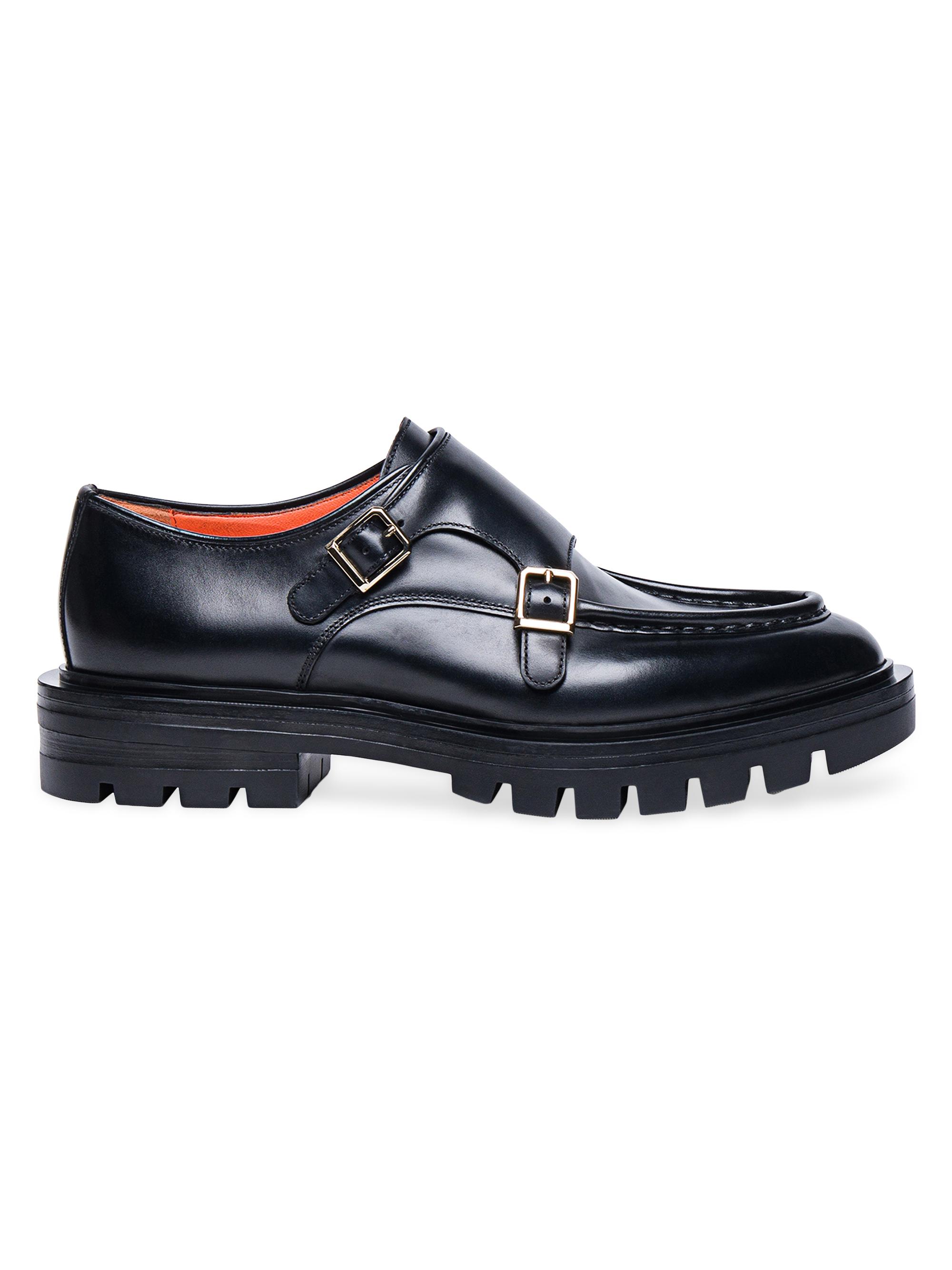 Santoni Women's Feint Leather Lug-Sole Monk Strap Loafers - Black