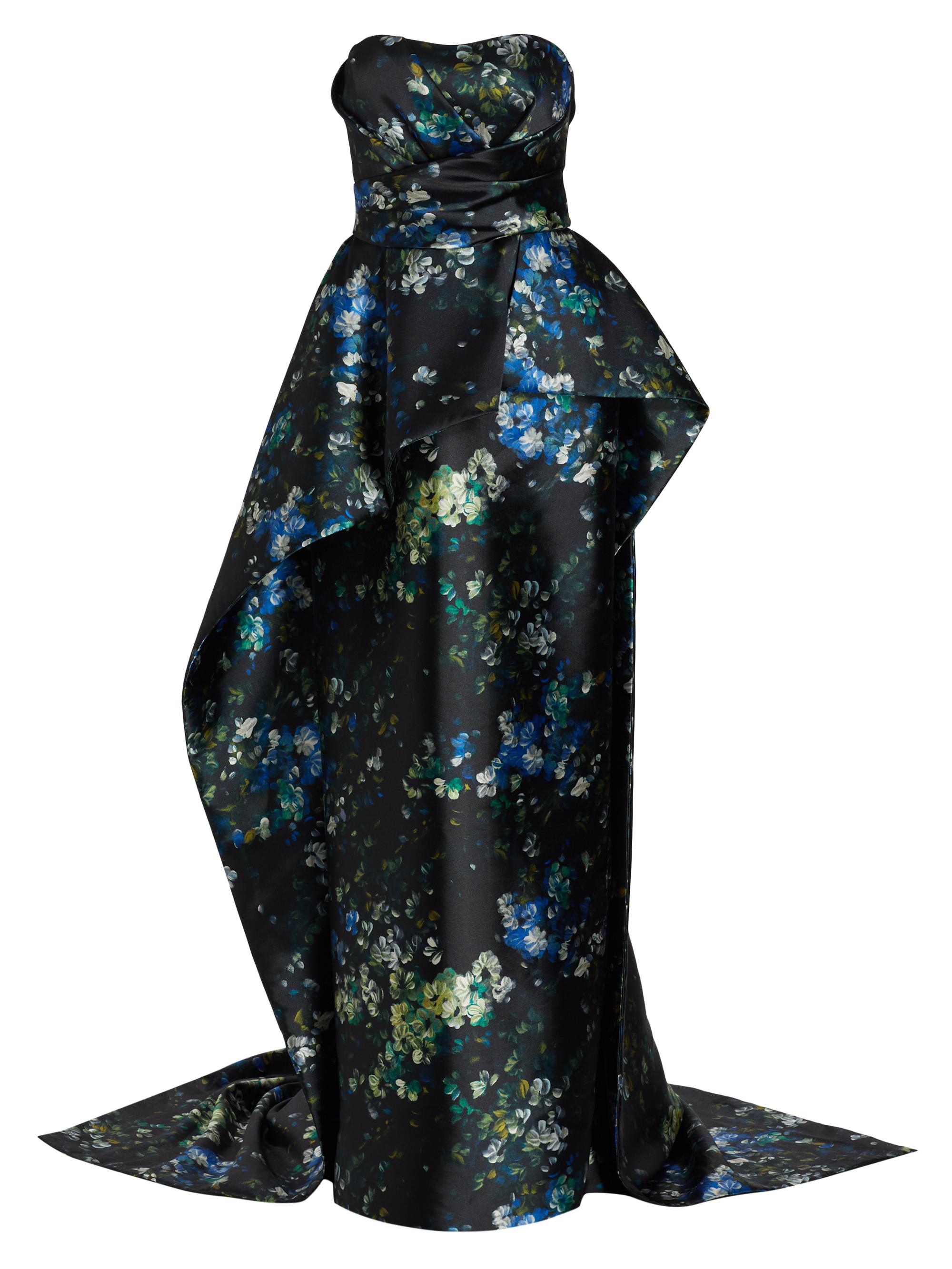 Amsale Women's Floral Mikado Peplum Train Gown - Blue Green Multi