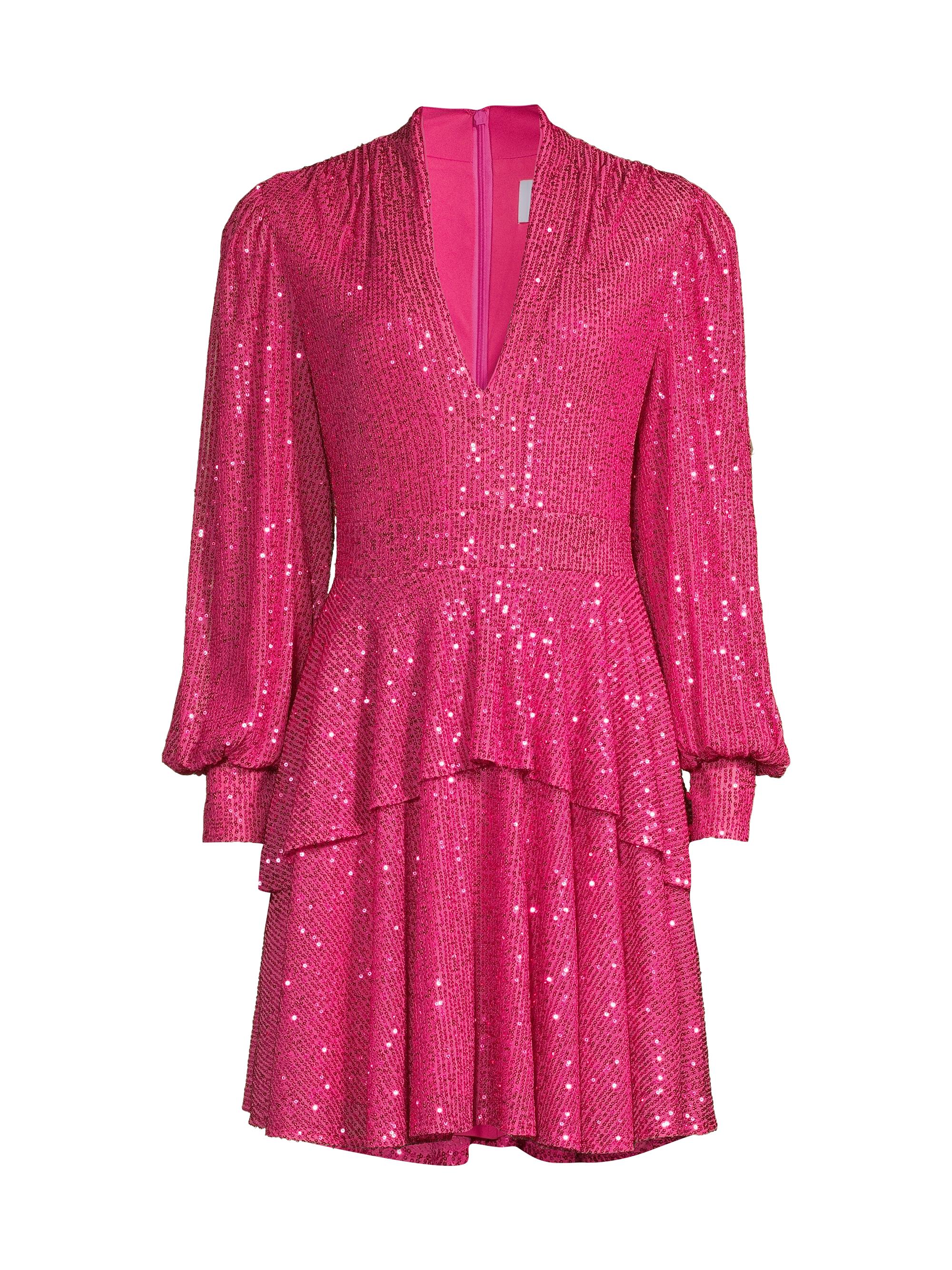 One33 Social Women's Sequined Long-Sleeve Tiered Minidress - Fuchsia