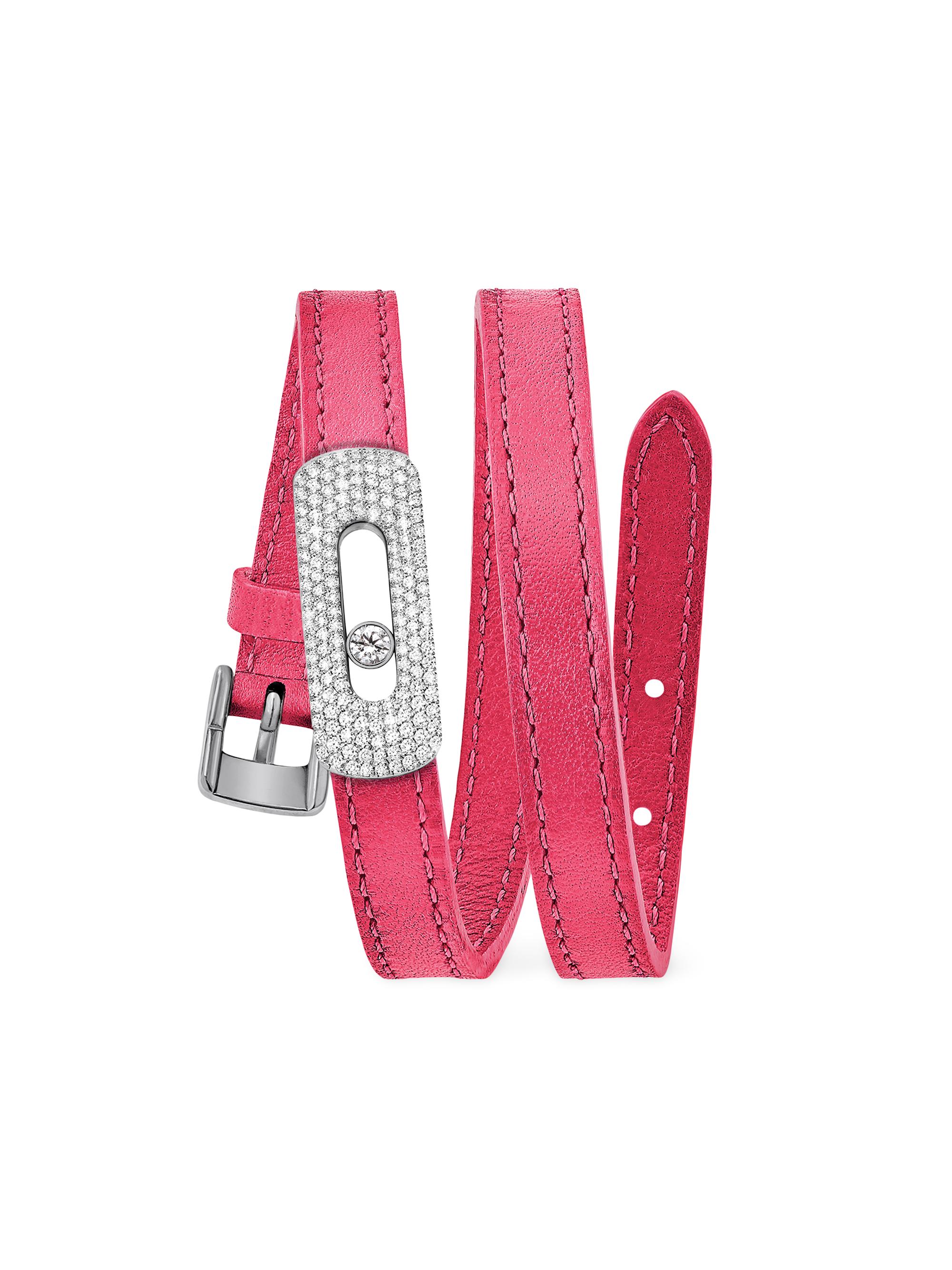 Messika Women's My Move 18K White Gold & Diamond Pavé Leather Wrap Bracelet - Rasberry Pink
