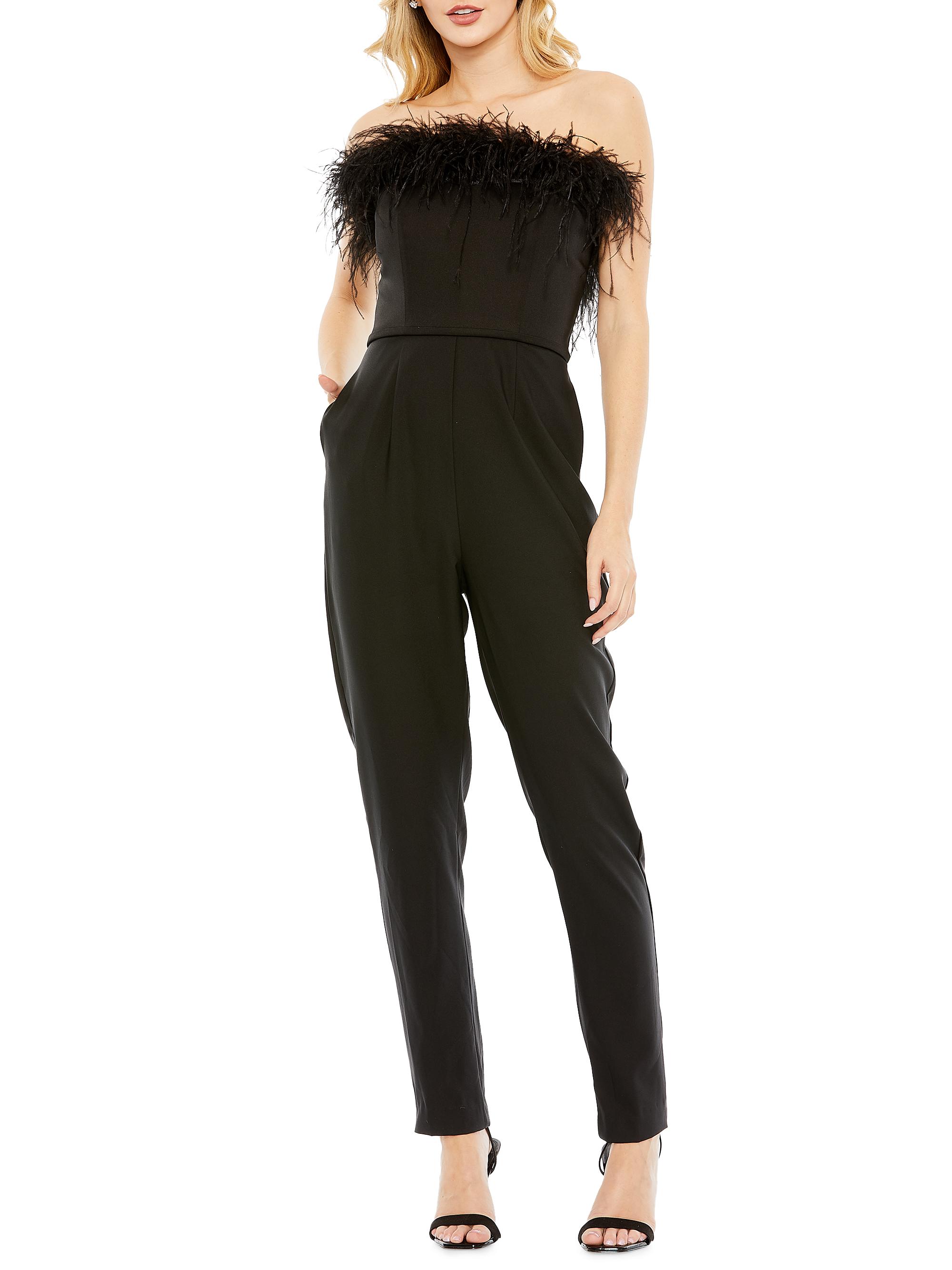 Mac Duggal Women's Feathered Strapless Jumpsuit - Black