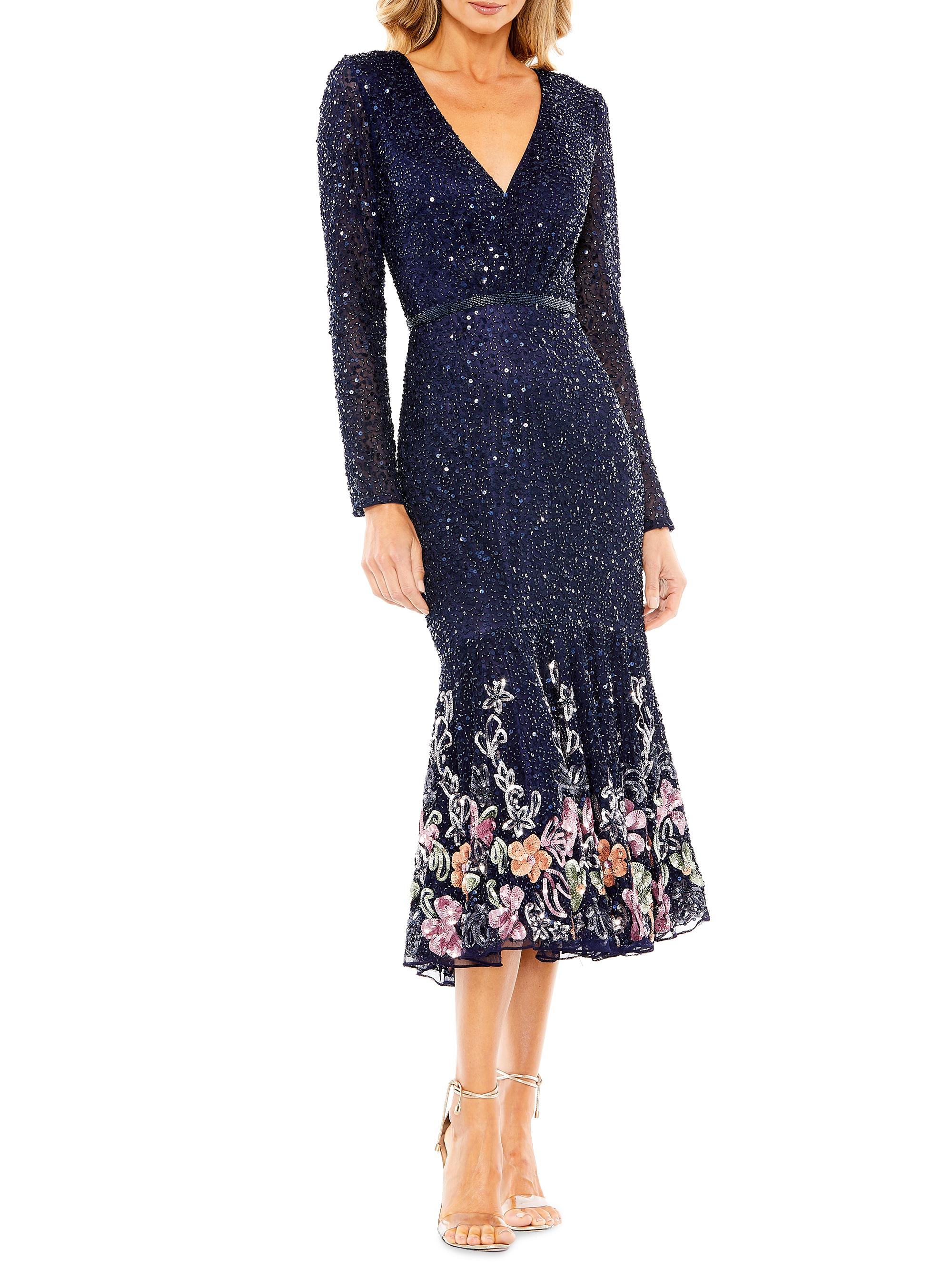 Mac Duggal Women's Sequined Tea-Length Dress - Midnight