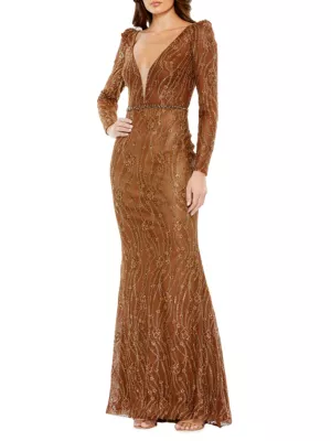 Mac Duggal Women's Embellished Mesh Trumpet Gown - Bronze - Men's Clothing