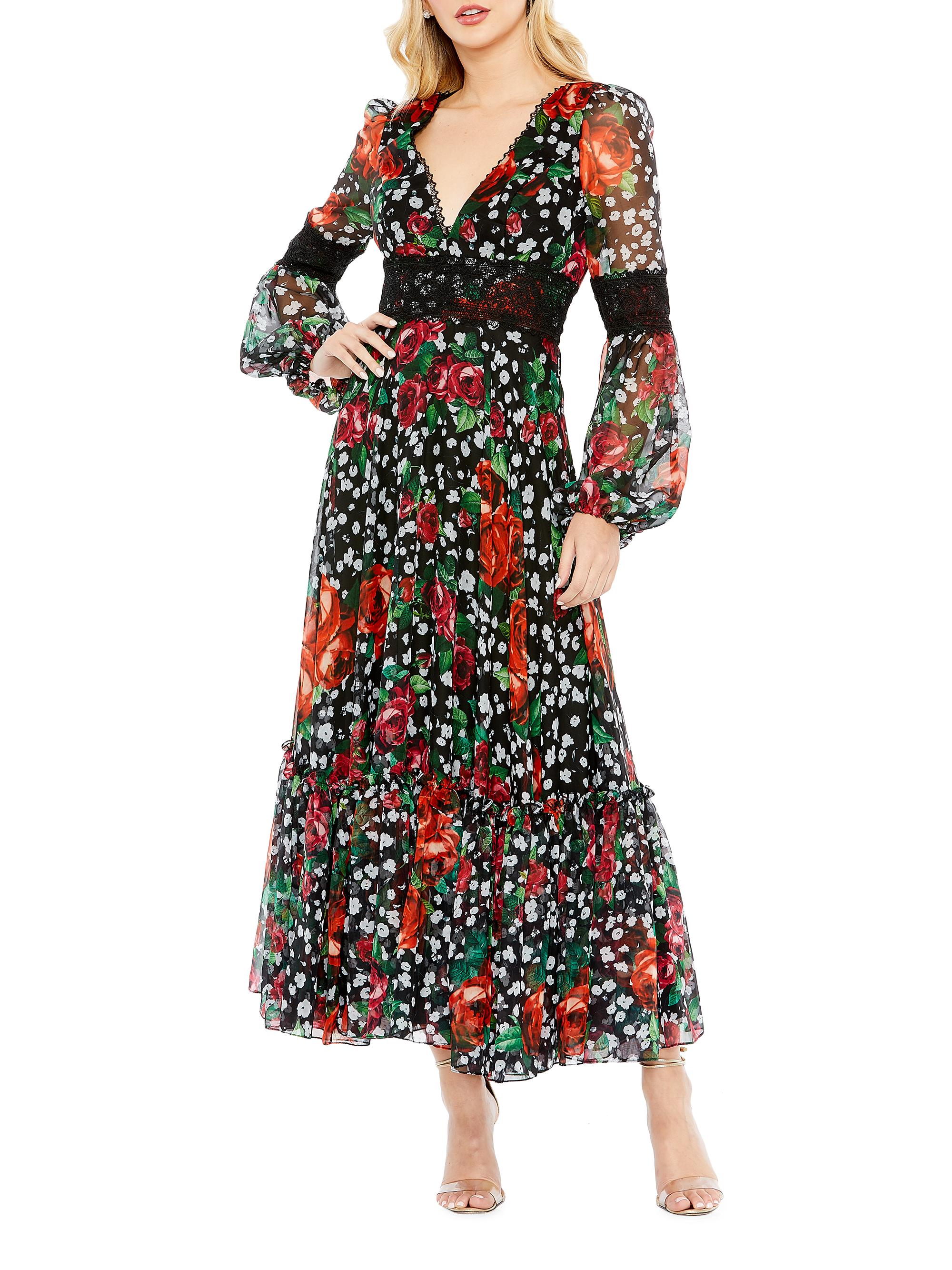 Mac Duggal Women's V-Neck Floral Puff-Sleeve Ruffle Dress - Black Multi