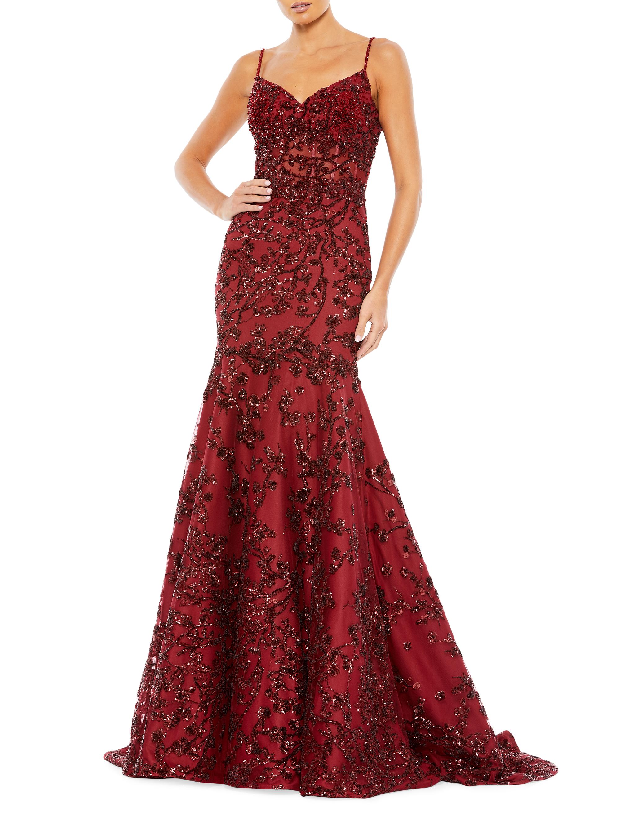 Mac Duggal Women's Sequin Illusion Corset Trumpet Gown - Burgundy