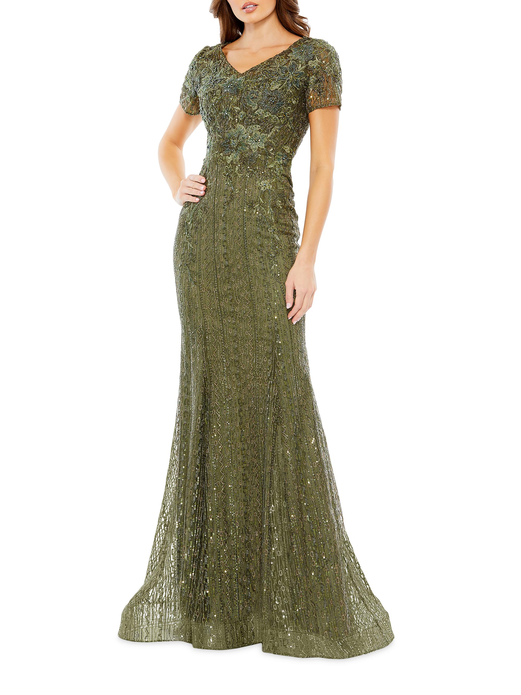 Mac Duggal Women's Embellished V-Neck Cap-Sleeve Trumpet Gown - Olive