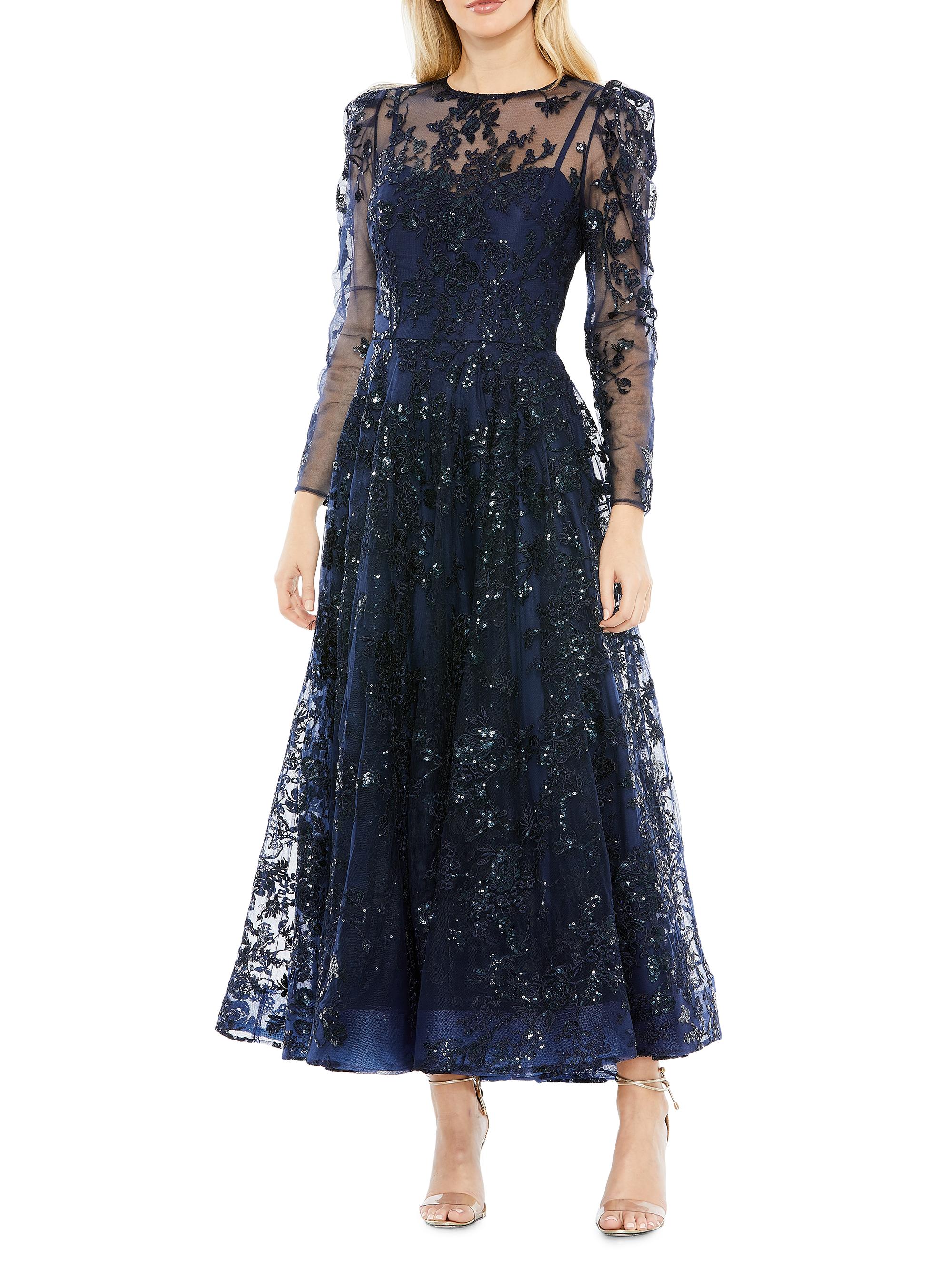 Mac Duggal Women's Embroidered Illusion High-Neck A-Line Gown - Navy