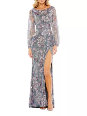 Mac Duggal Women's Embellished Illusion Long-Sleeve Faux-Wrap Gown - Grey Multi