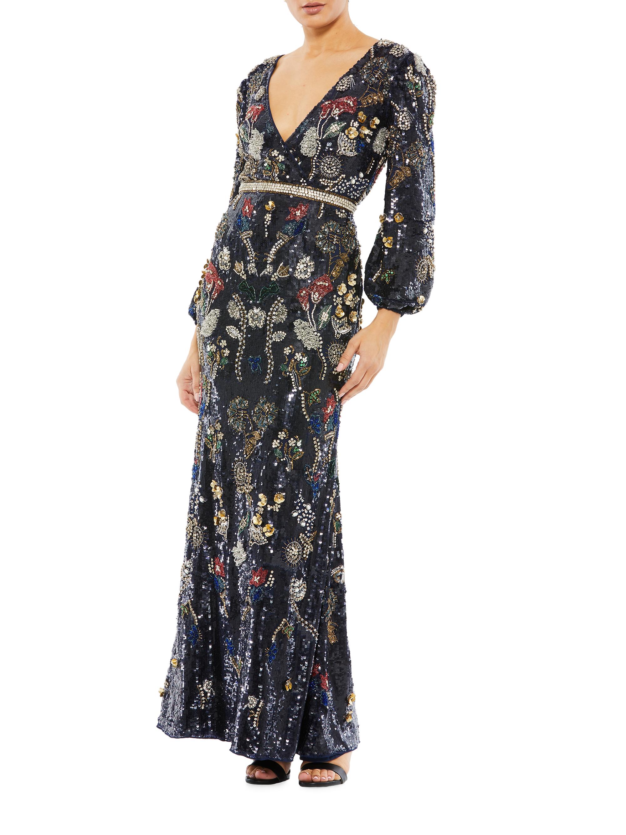 Mac Duggal Women's Embellished Wrap-Over Bishop-Sleeve Gown - Midnight Multi