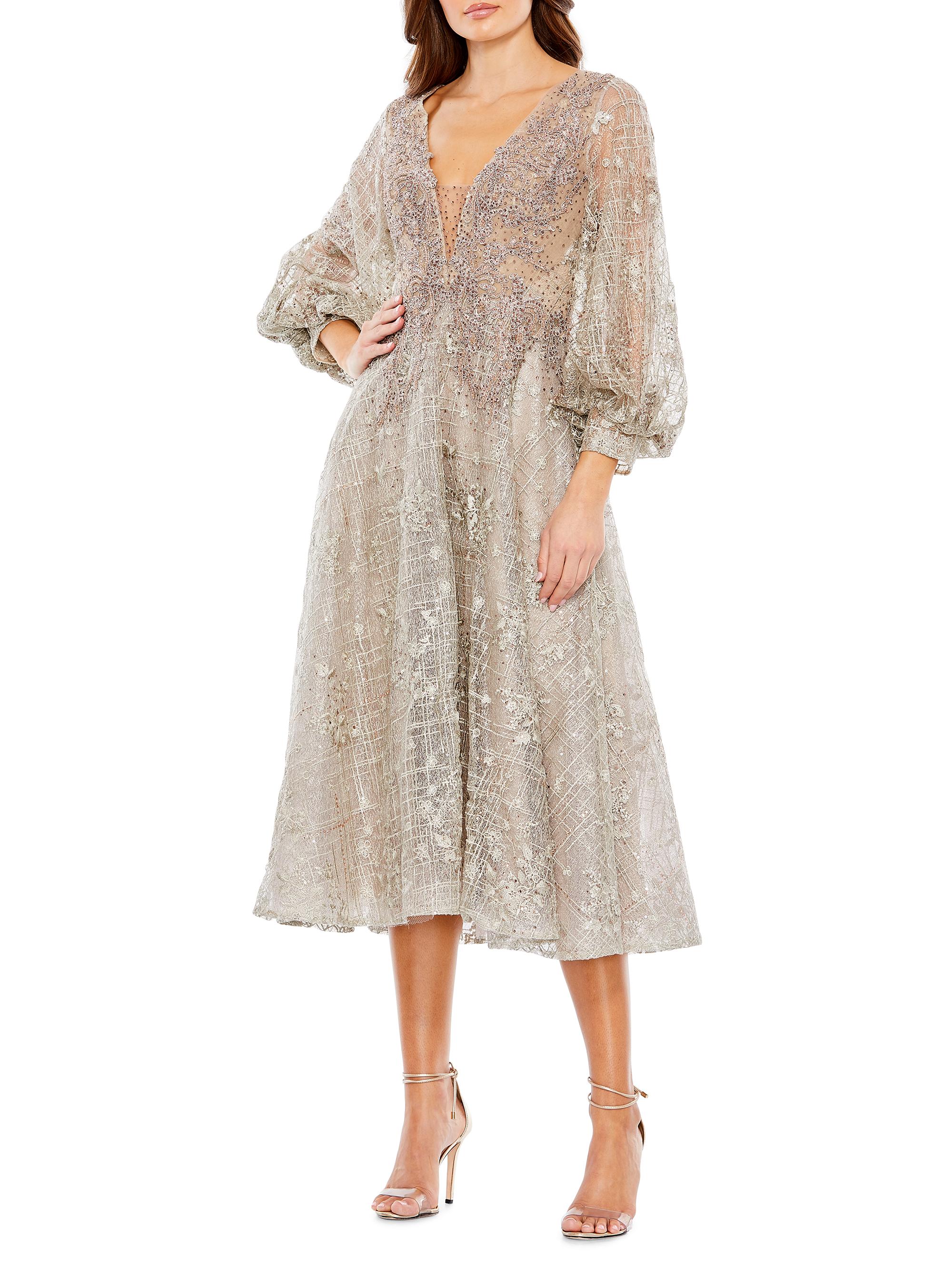 Mac Duggal Women's Embellished Plunge-Neck Bishop-Sleeve Midi-Dress - Taupe