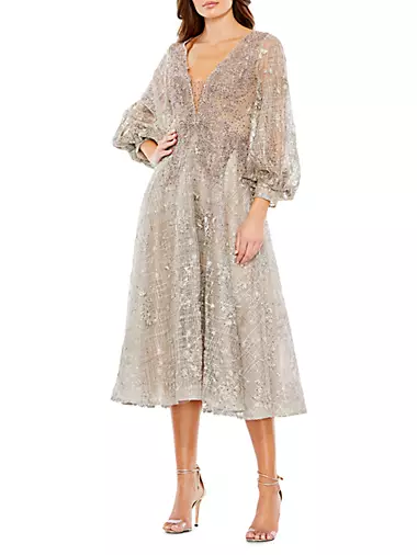 Embellished Plunge-Neck Bishop-Sleeve Midi-Dress