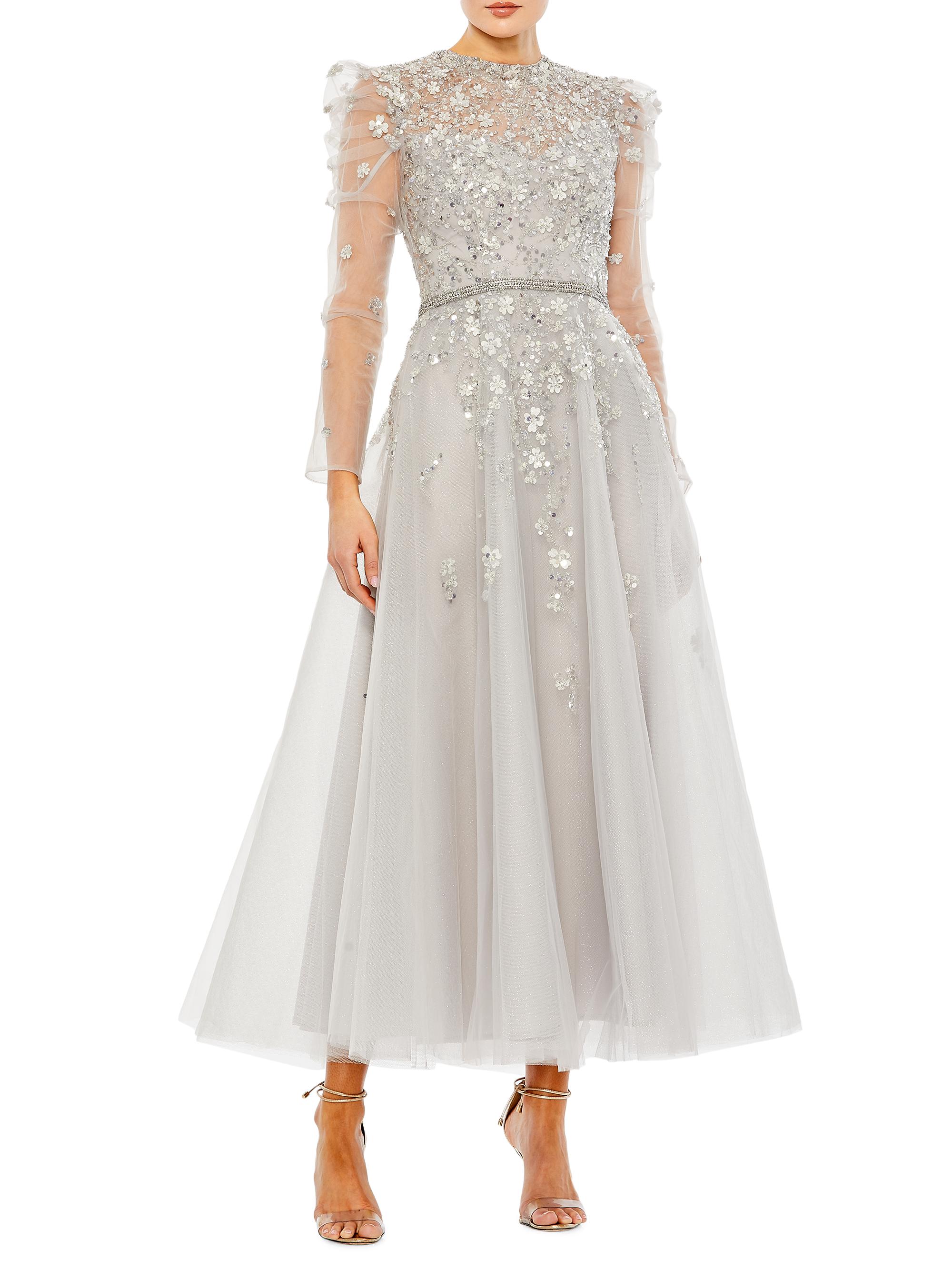 Mac Duggal Women's Embellished Gathered Long-Sleeve A-Line Gown - Platinum