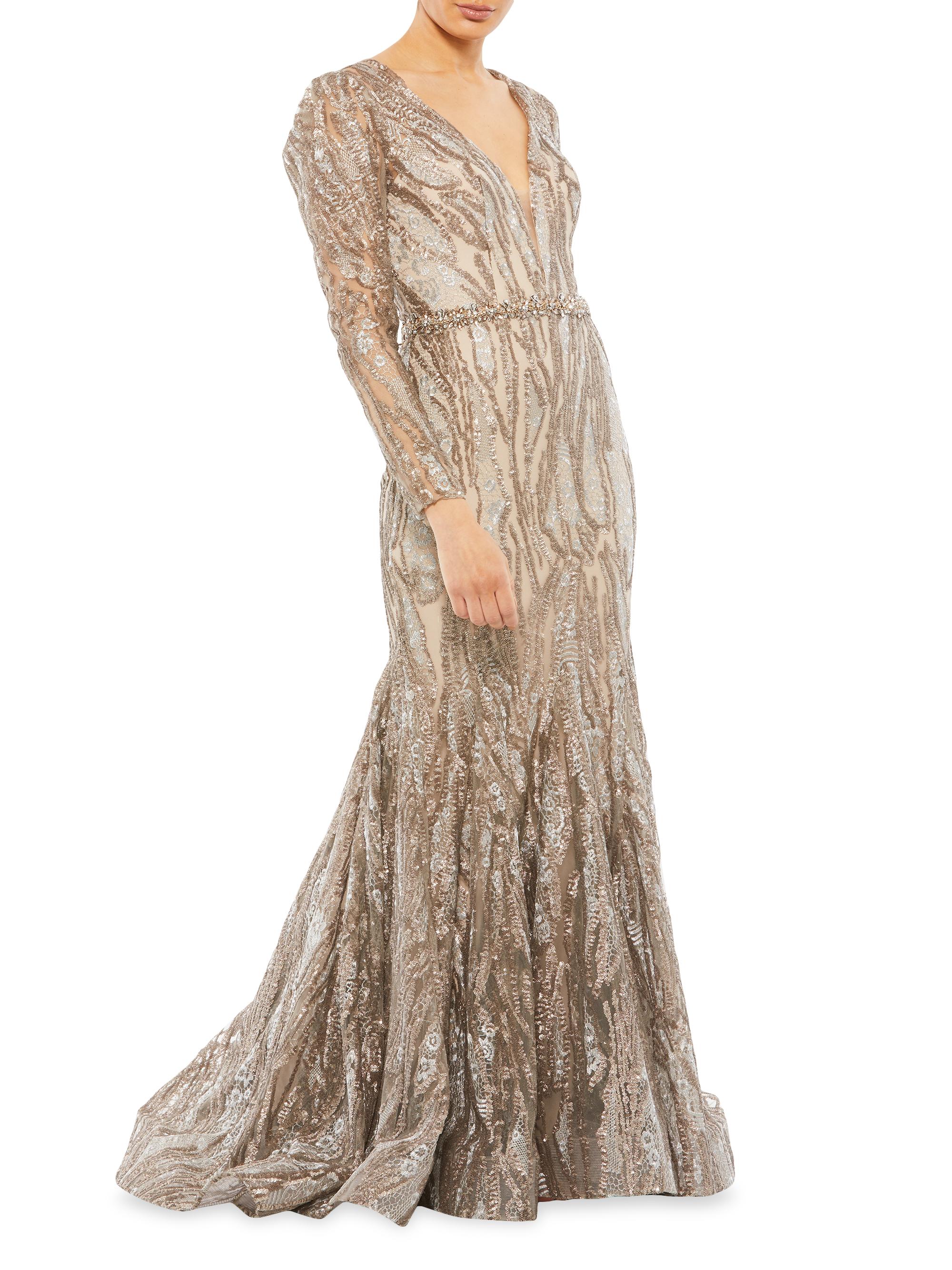 Mac Duggal Women's Embellished Long-Sleeve Plunge-Neck Trumpet Gown - Taupe