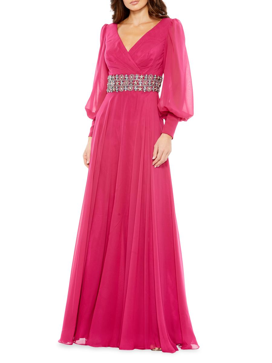 【Mac Duggal】Burgundy☆ビショップ FLOWY ロングドレス Mac Duggal Bishop-Sleeve Wrap Belted Flowy Gown | Saks Fifth