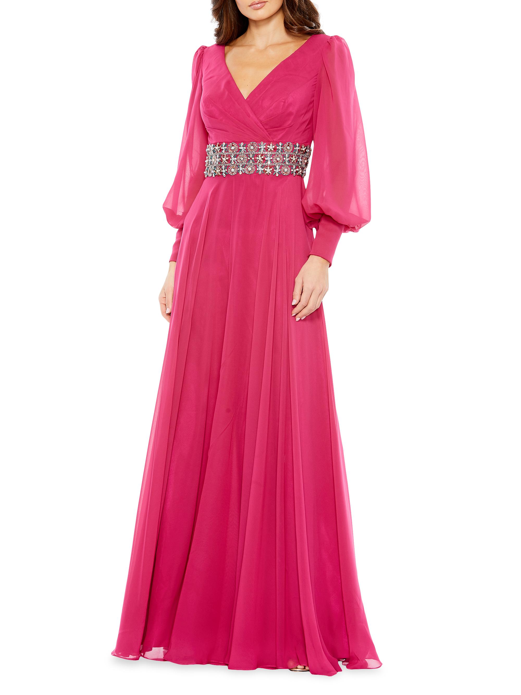 Bishop Sleeve Wrap Over Belt Detail Flowy Gown - Mac Duggal US 4 Mac Duggal Bishop-Sleeve Wrap Belted Flowy Gown | Saks Fifth Avenue