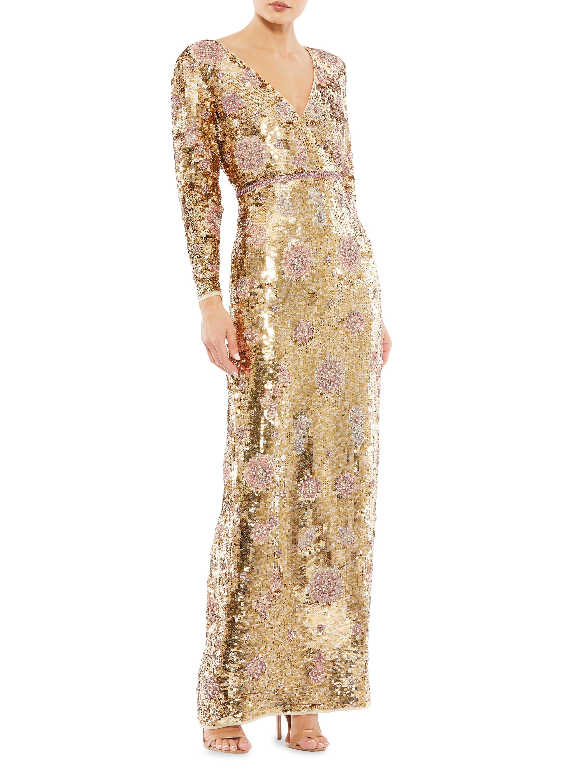 Mac Duggal Women's Embellished Wrap-Over Long-Sleeve Column Gown - Gold
