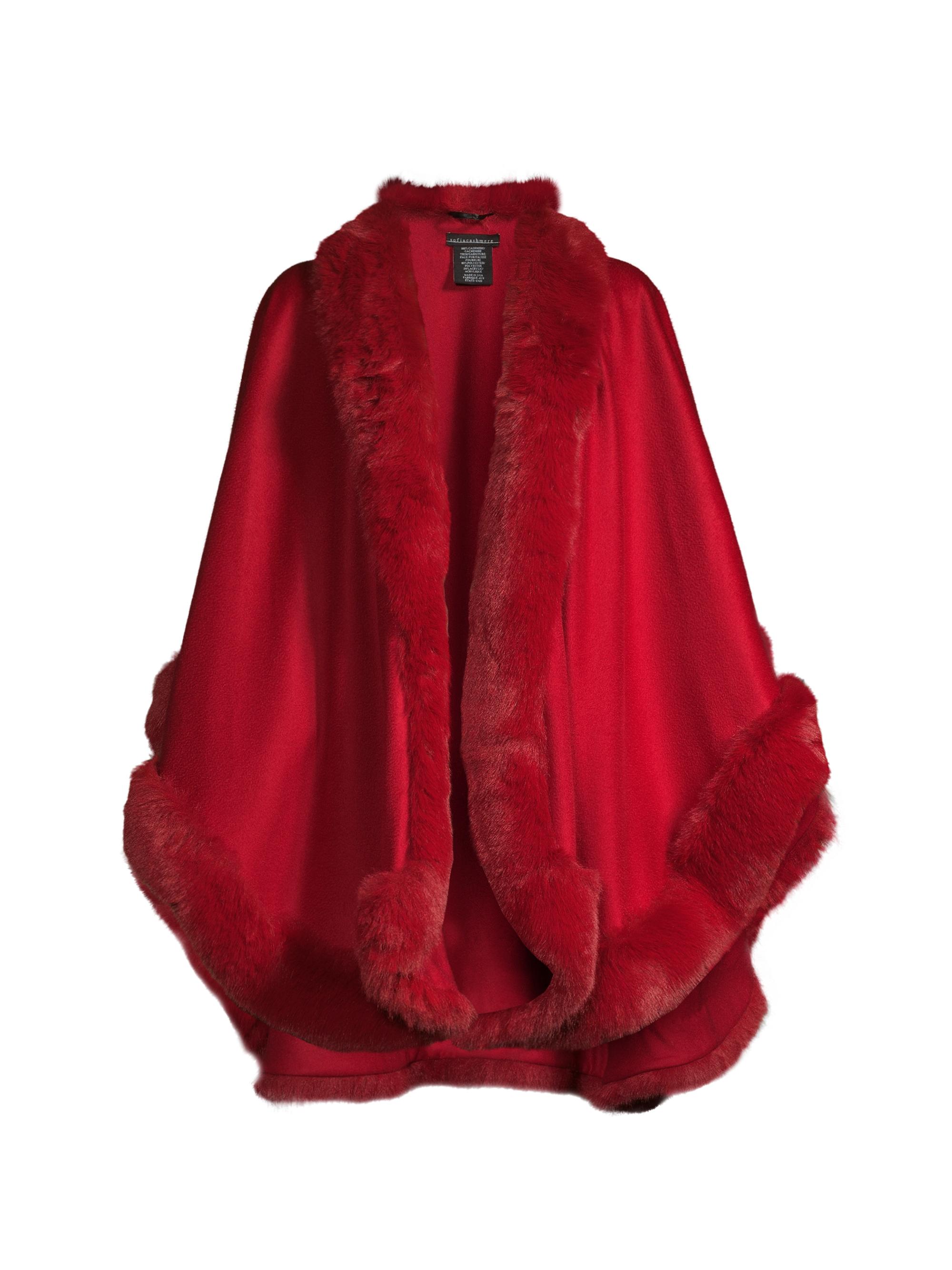 Sofia Cashmere Women's Faux Fur & Cashmere U-Cape - Red