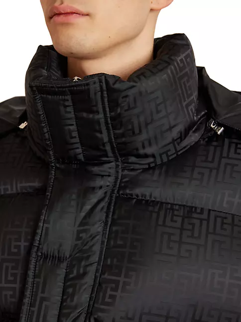 Monogram Faux Fur Trimmed Puffer Jacket in Multicoloured - Balmain