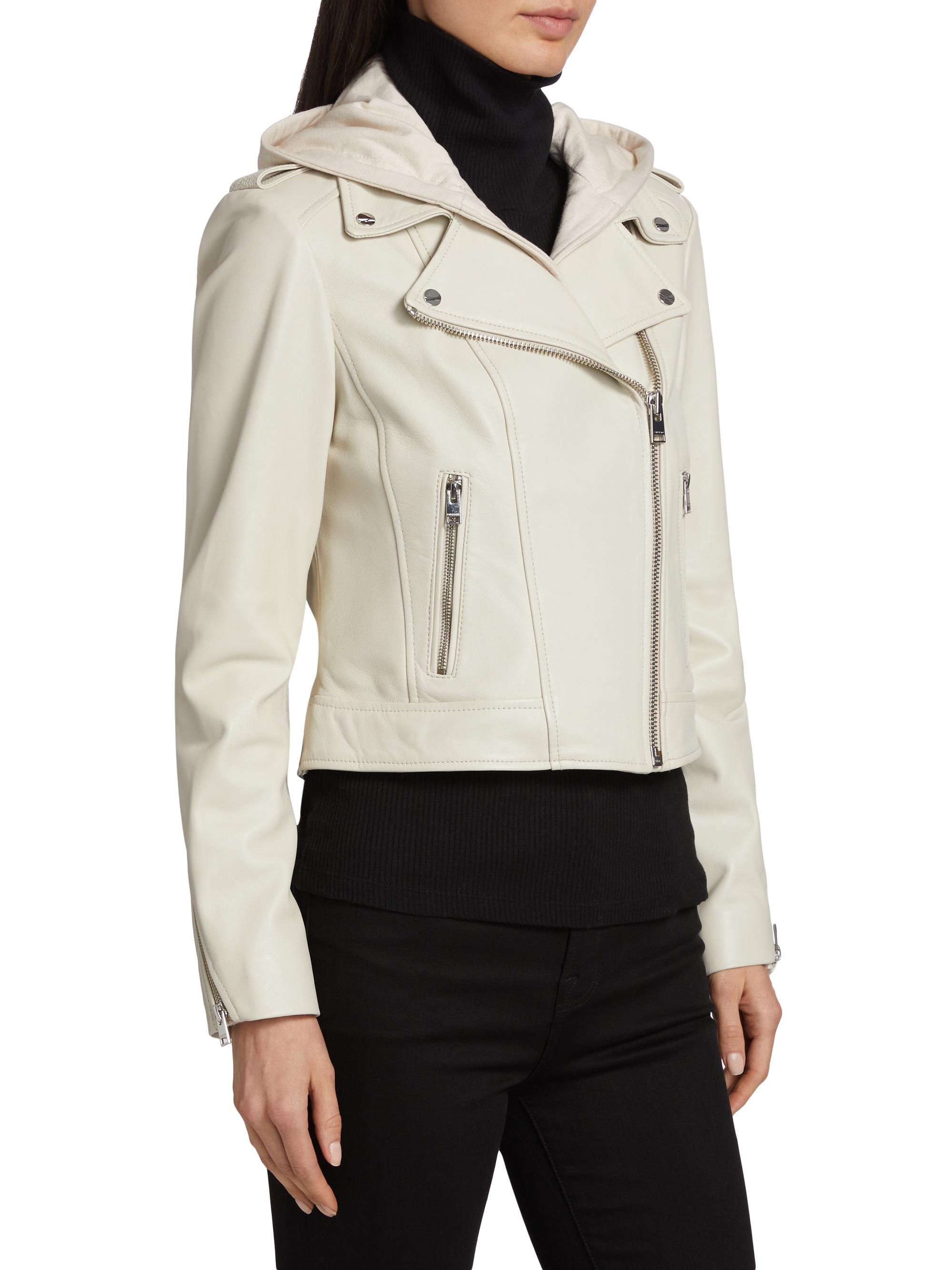 Lamarque Women's Holy Hooded Leather Biker Jacket Bone