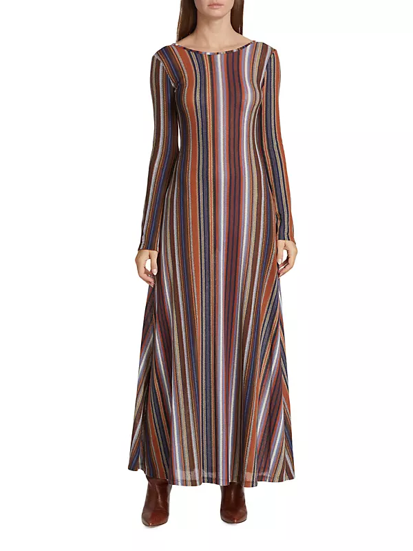 Striped Cotton And Silk Maxi Dress in Brown - Brunello Cucinelli