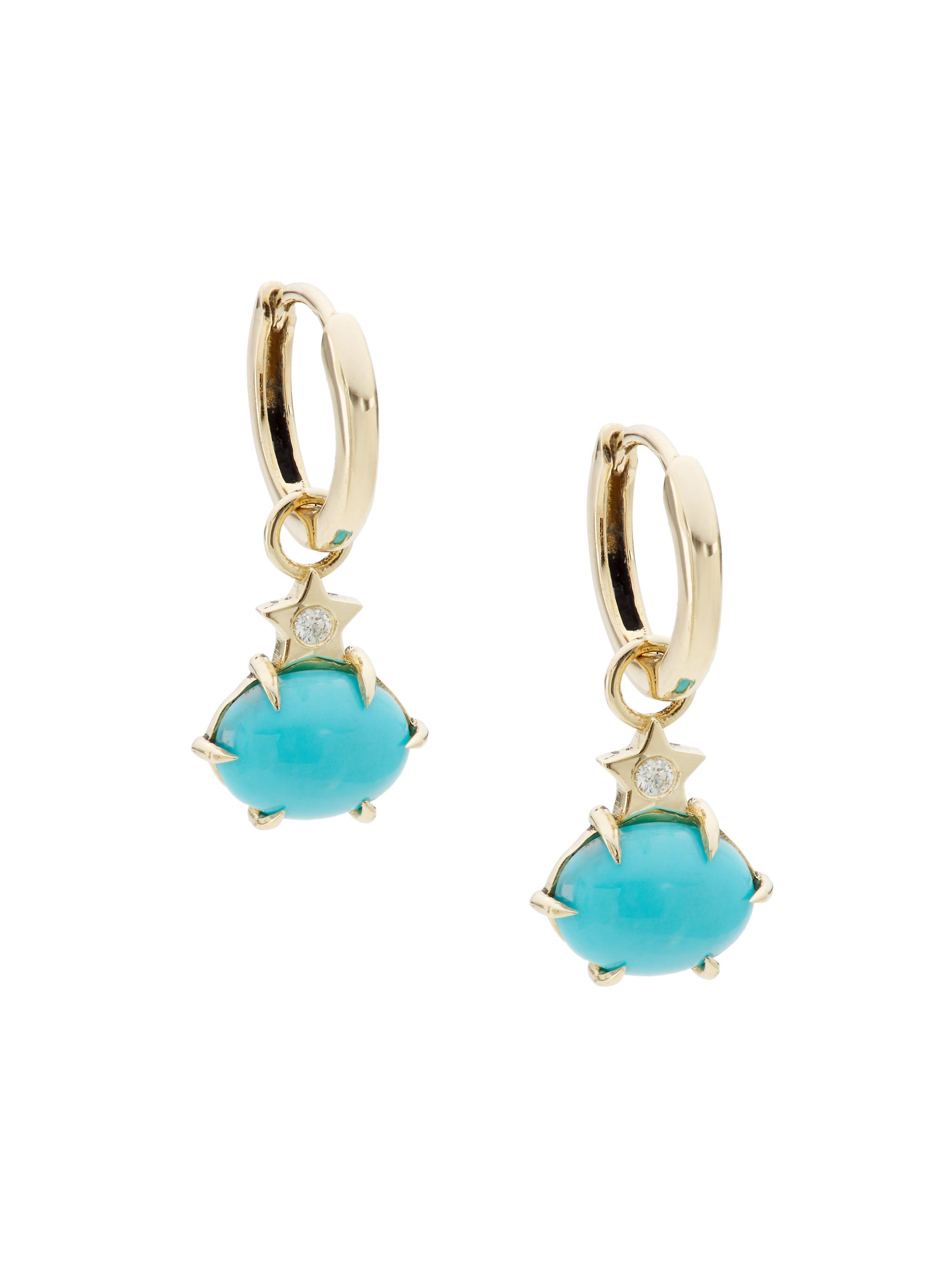 Andrea Fohrman Women's Galaxy Mini Cosmo 14K Yellow Gold, Turquoise & Diamond Huggie Hoops